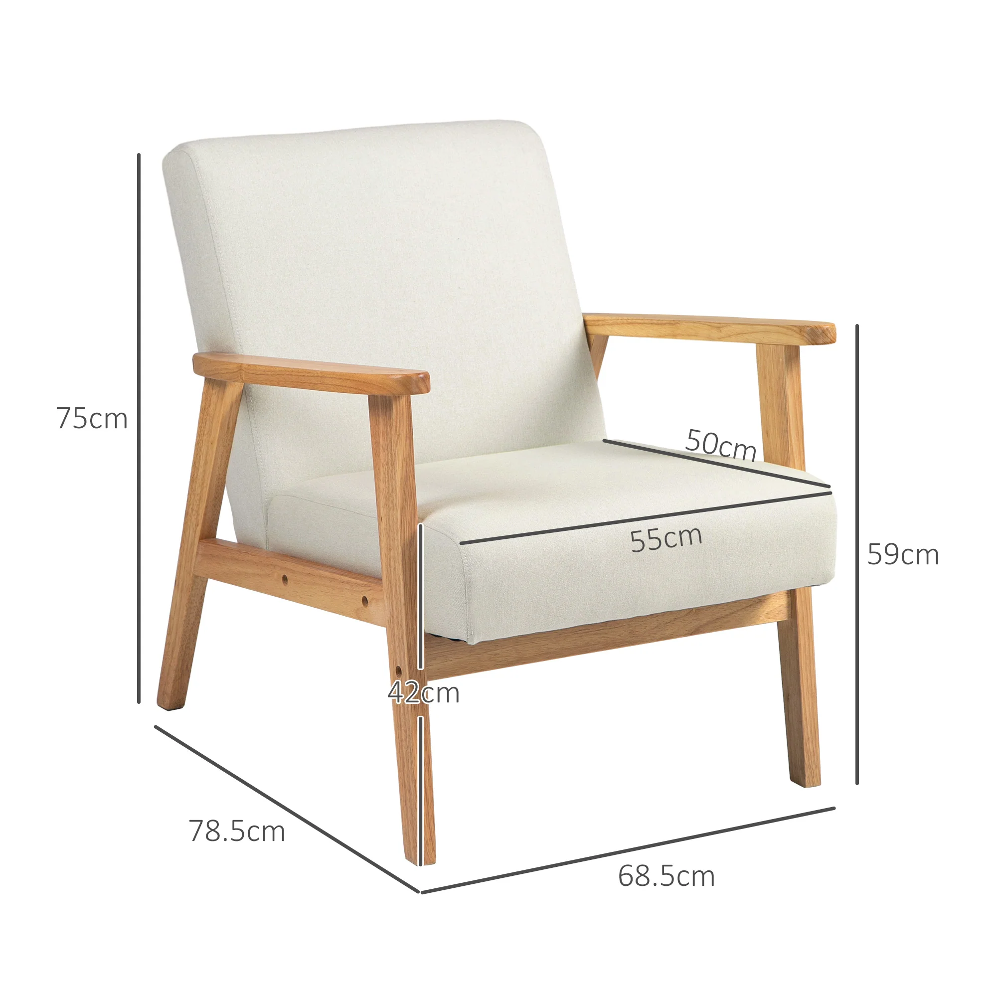 HOMCOM Modern Fabric Accent Chair W/ Rubber Wood Legs Padded Cushion Cream - Image 5