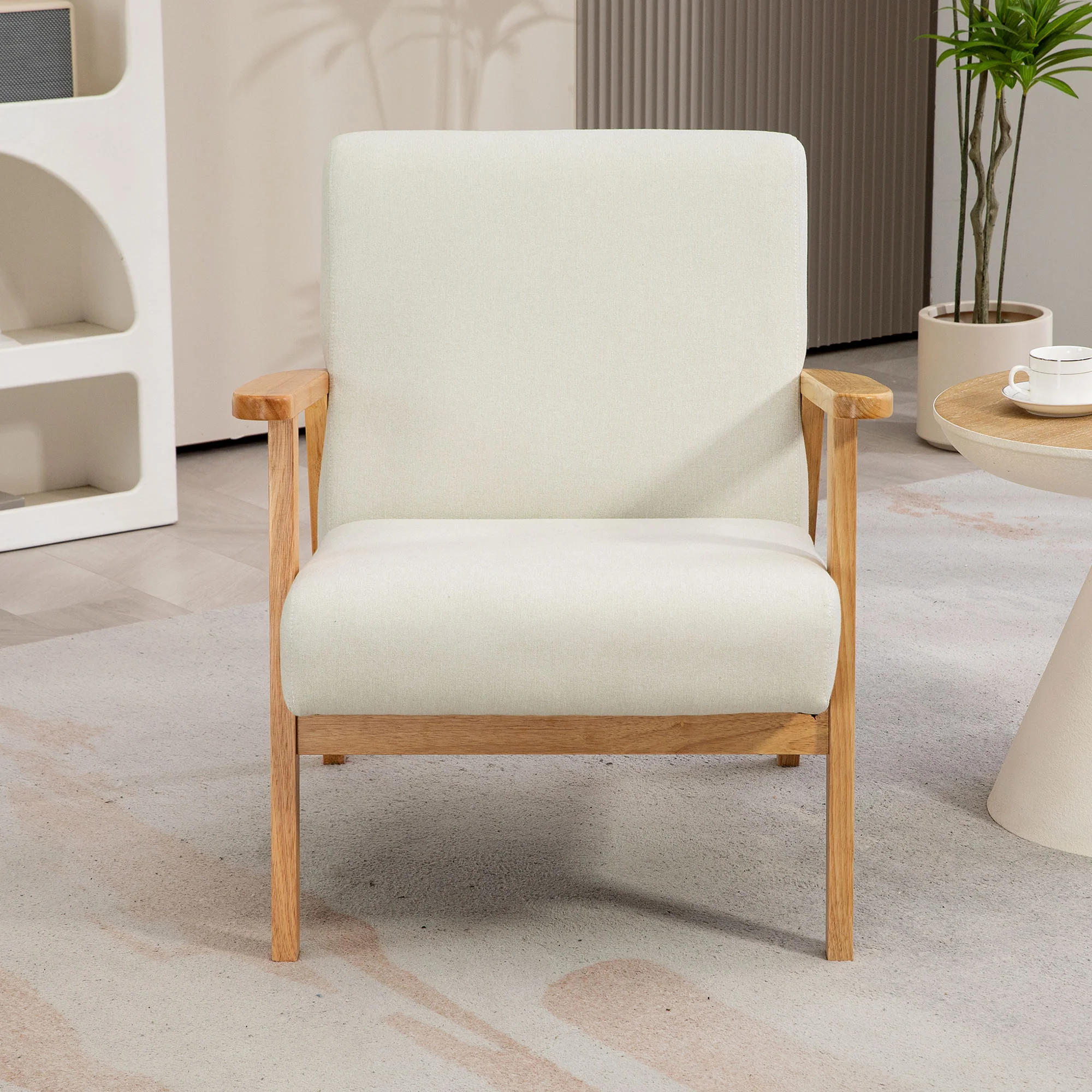 HOMCOM Modern Fabric Accent Chair W/ Rubber Wood Legs Padded Cushion Cream - Image 6