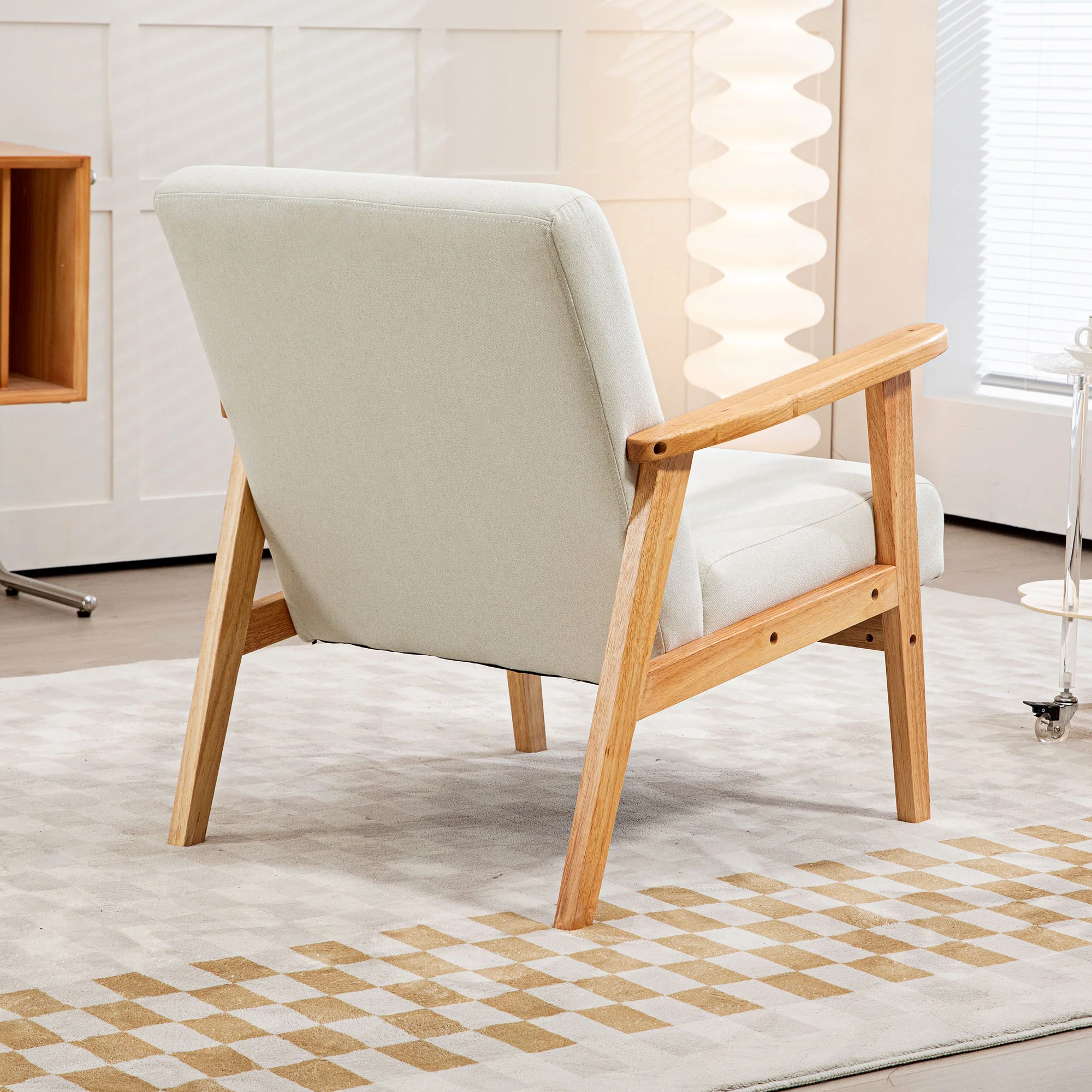 HOMCOM Modern Fabric Accent Chair W/ Rubber Wood Legs Padded Cushion Cream - Image 8