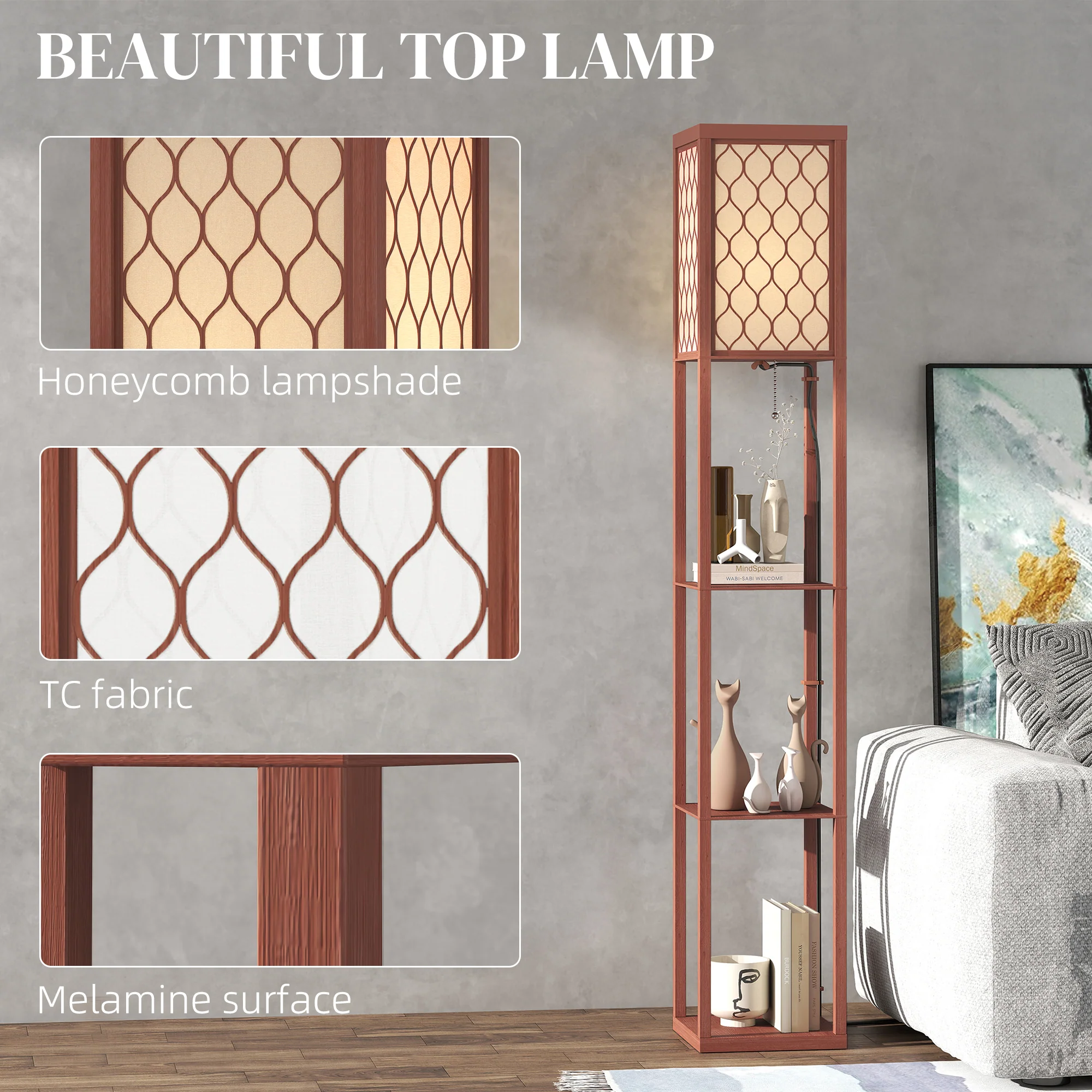HOMCOM Modern Floor Lamp Light With 3 Shelves Fabric Lampshade - Image 12