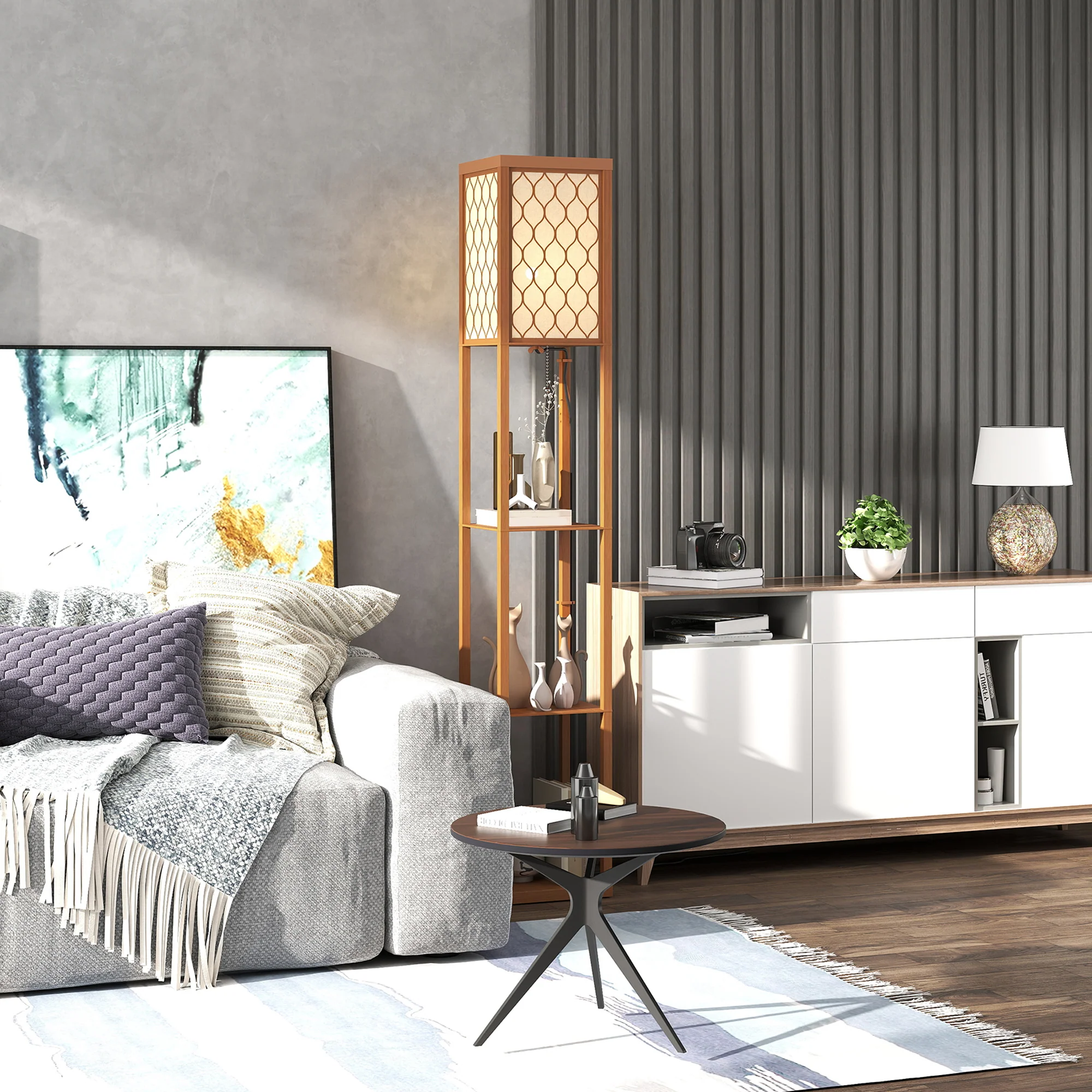 HOMCOM Modern Floor Lamp Light With 3 Shelves Fabric Lampshade - Image 36