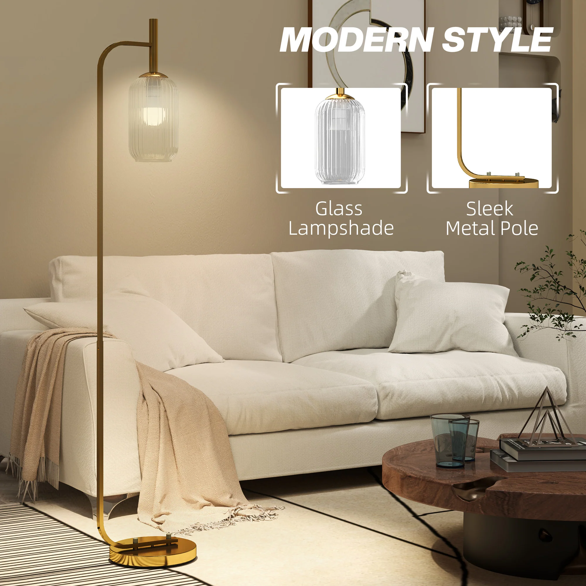 HOMCOM Modern Floor Lamp With Glass Lampshade, Foot Switch For Living Room - Image 12