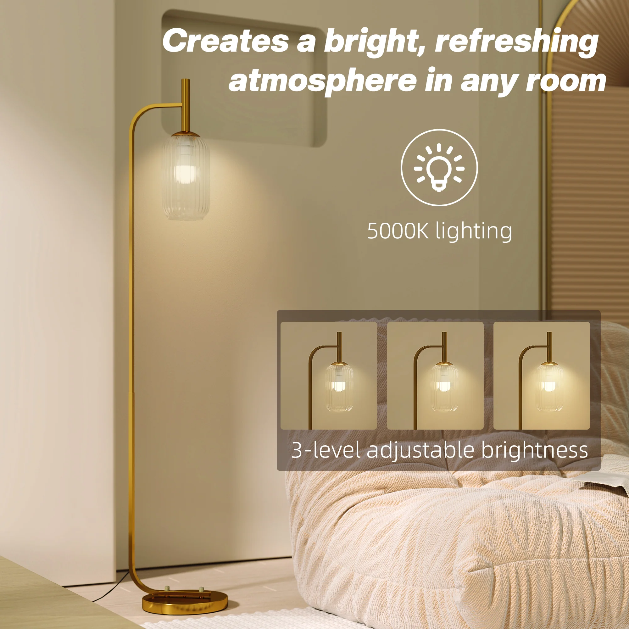 HOMCOM Modern Floor Lamp With Glass Lampshade, Foot Switch For Living Room - Image 13