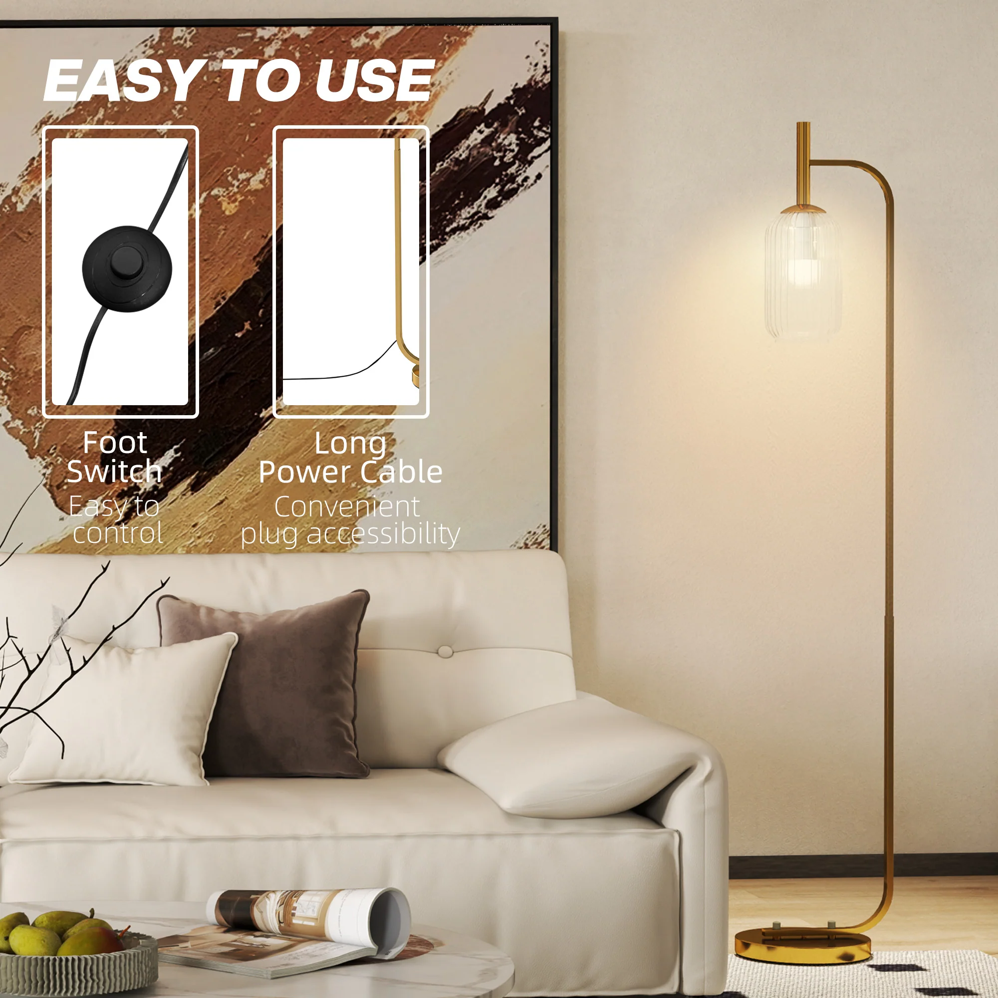 HOMCOM Modern Floor Lamp With Glass Lampshade, Foot Switch For Living Room - Image 15