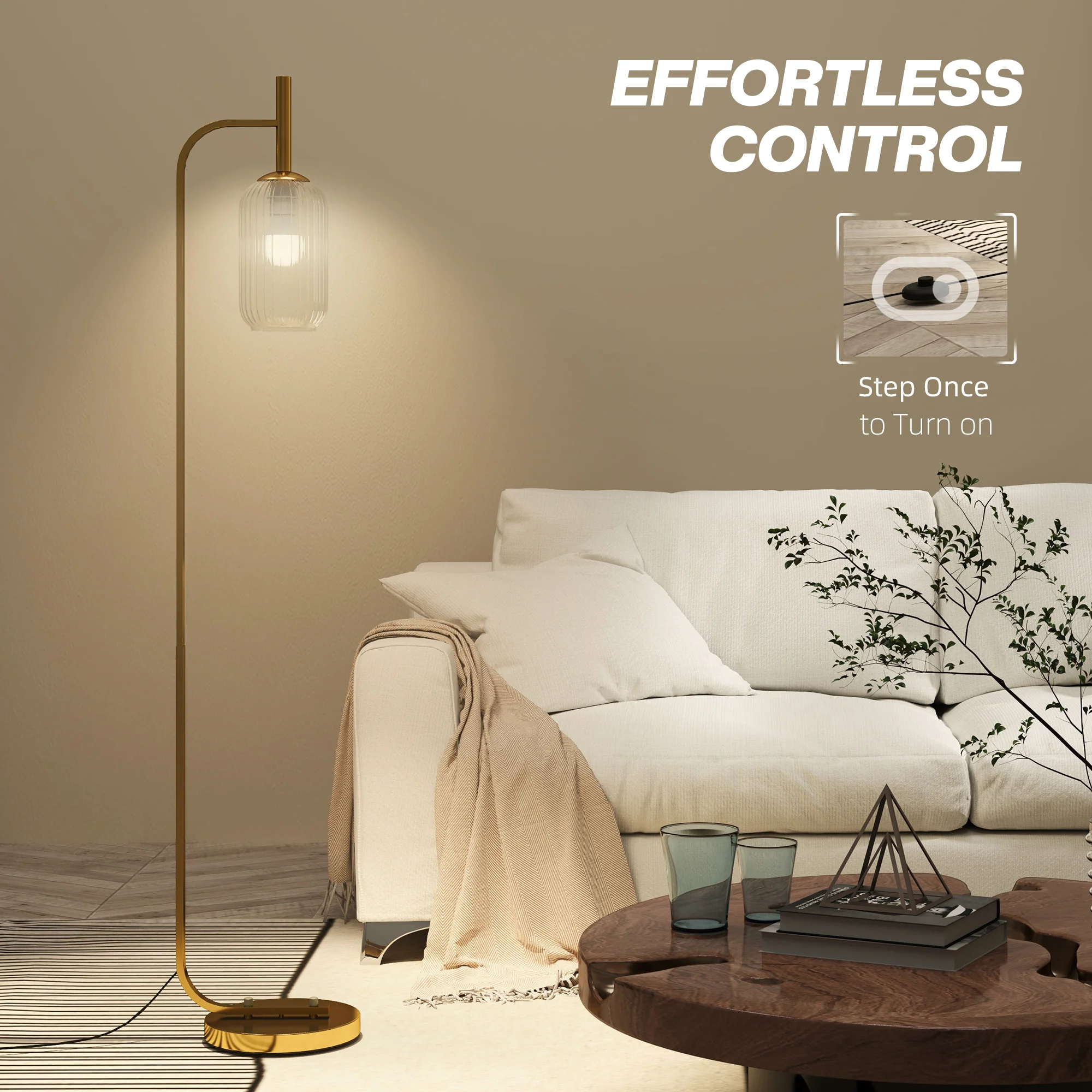 HOMCOM Modern Floor Lamp With Glass Lampshade, Foot Switch For Living Room - Image 16