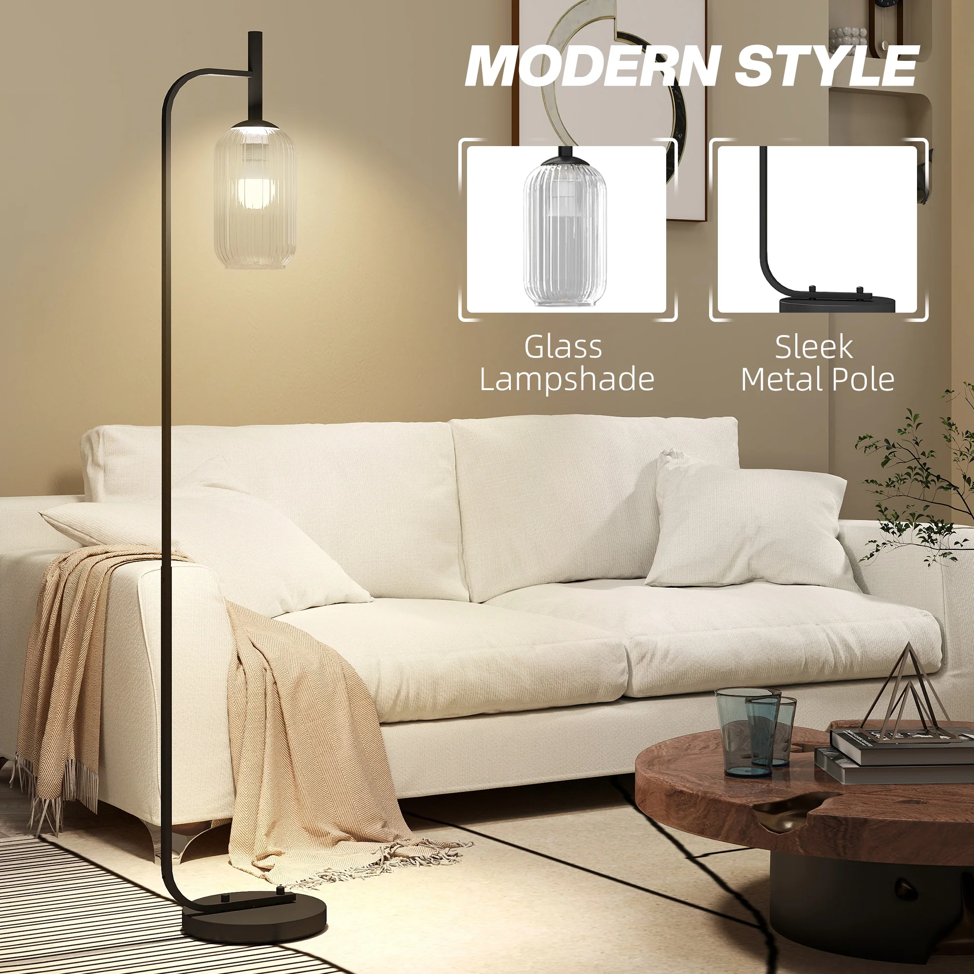 HOMCOM Modern Floor Lamp With Glass Lampshade, Foot Switch For Living Room - Image 3