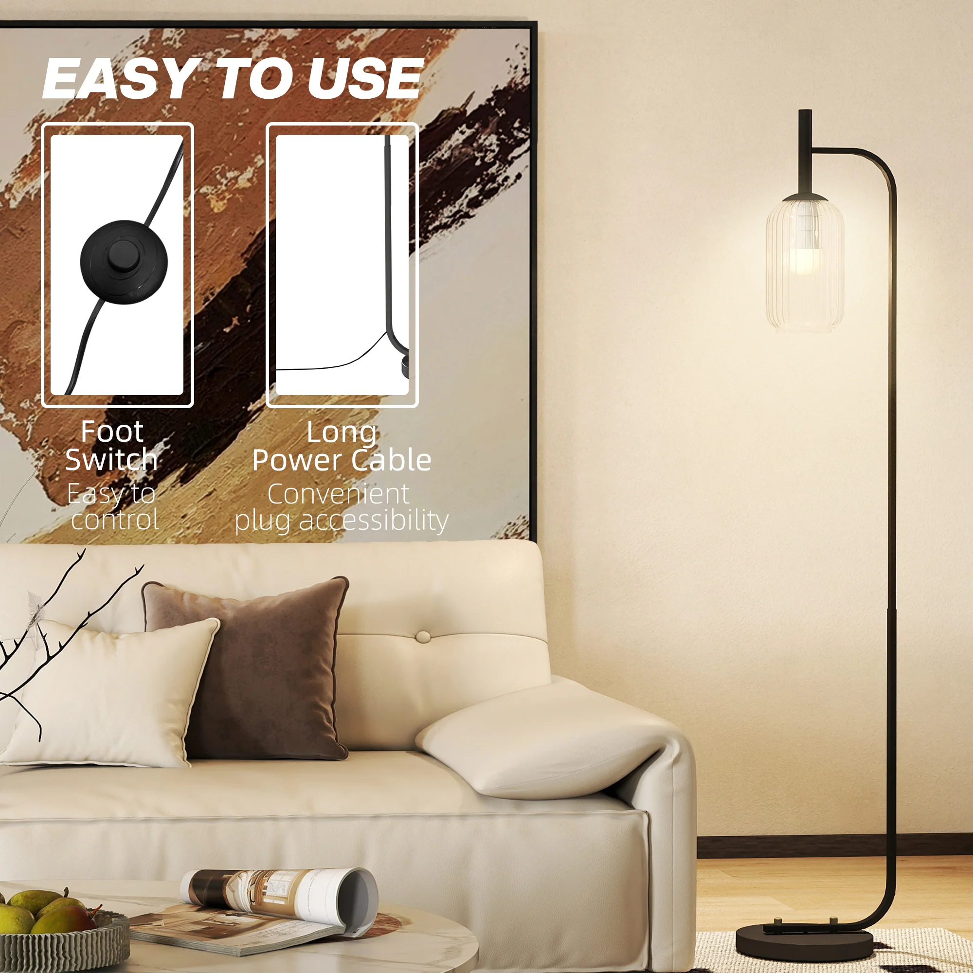 HOMCOM Modern Floor Lamp With Glass Lampshade, Foot Switch For Living Room - Image 4
