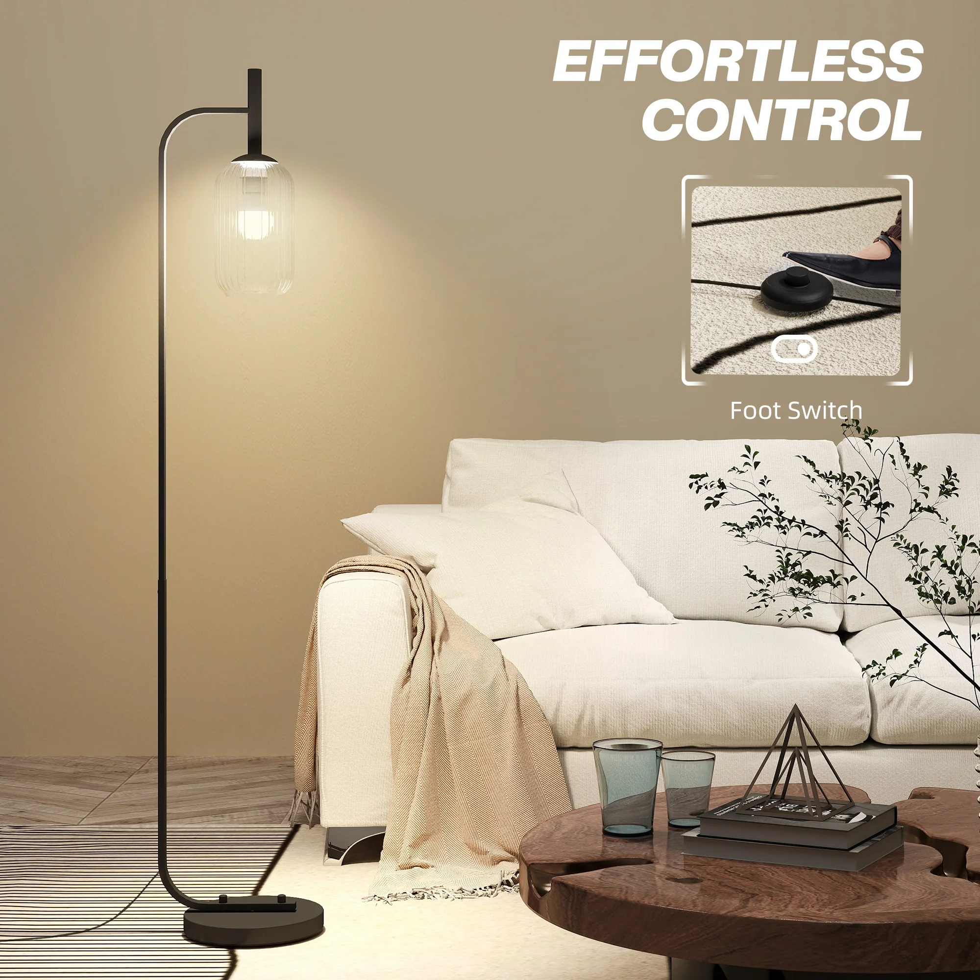 HOMCOM Modern Floor Lamp With Glass Lampshade, Foot Switch For Living Room - Image 6