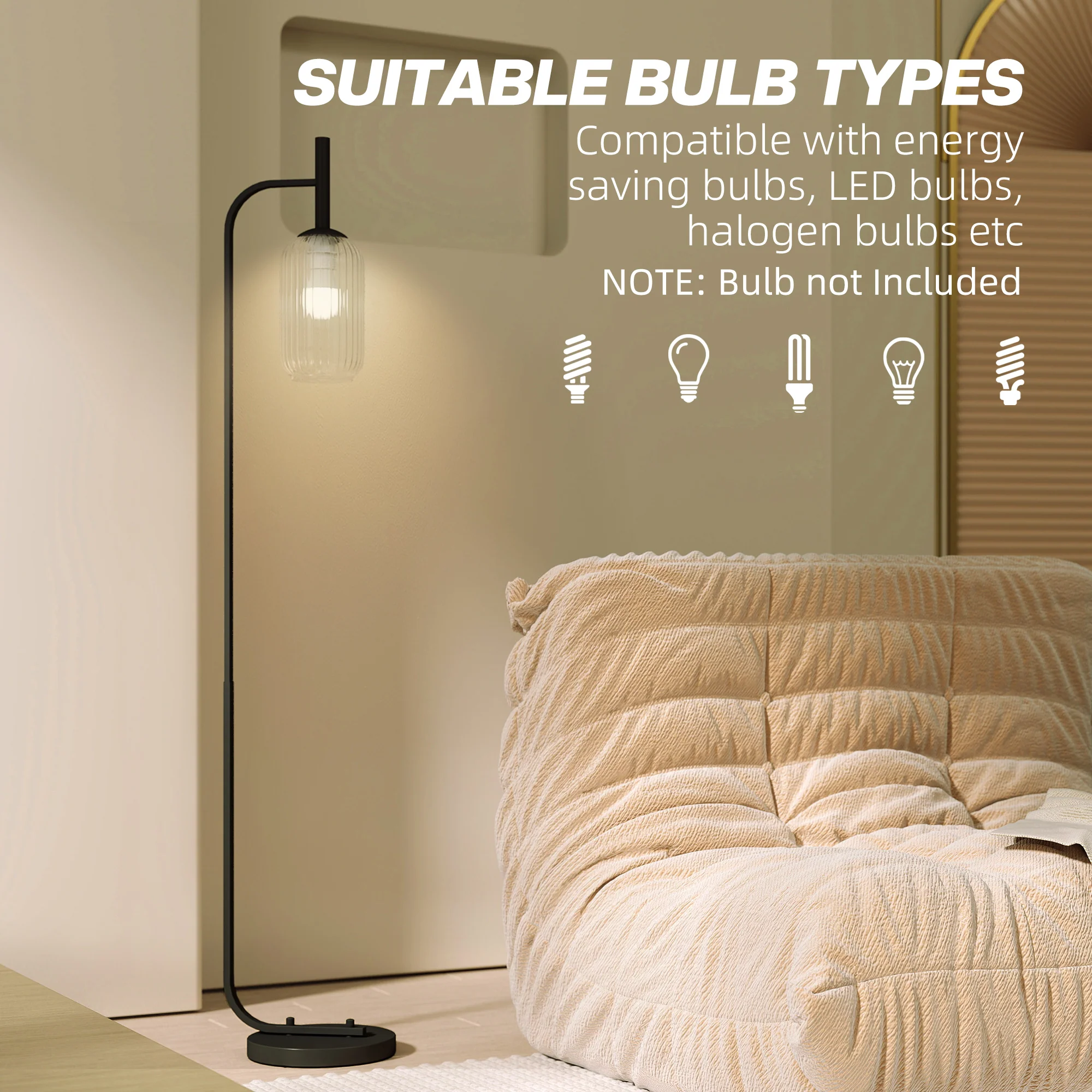 HOMCOM Modern Floor Lamp With Glass Lampshade, Foot Switch For Living Room - Image 7
