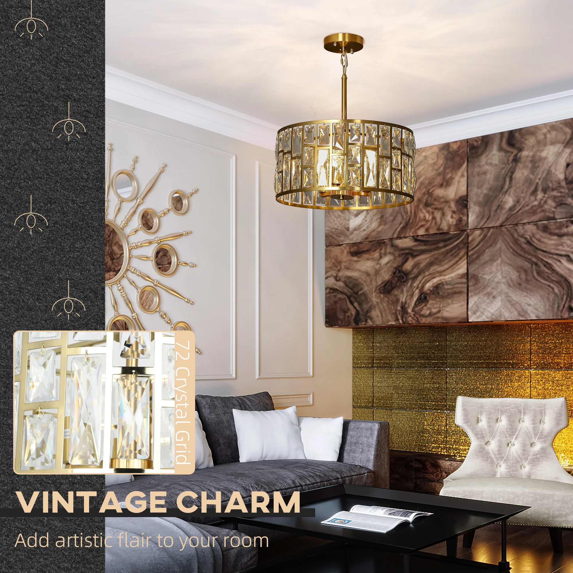 HOMCOM Modern Flush Mount Ceiling Light, Crystal Chandelier For Living Room - Image 3