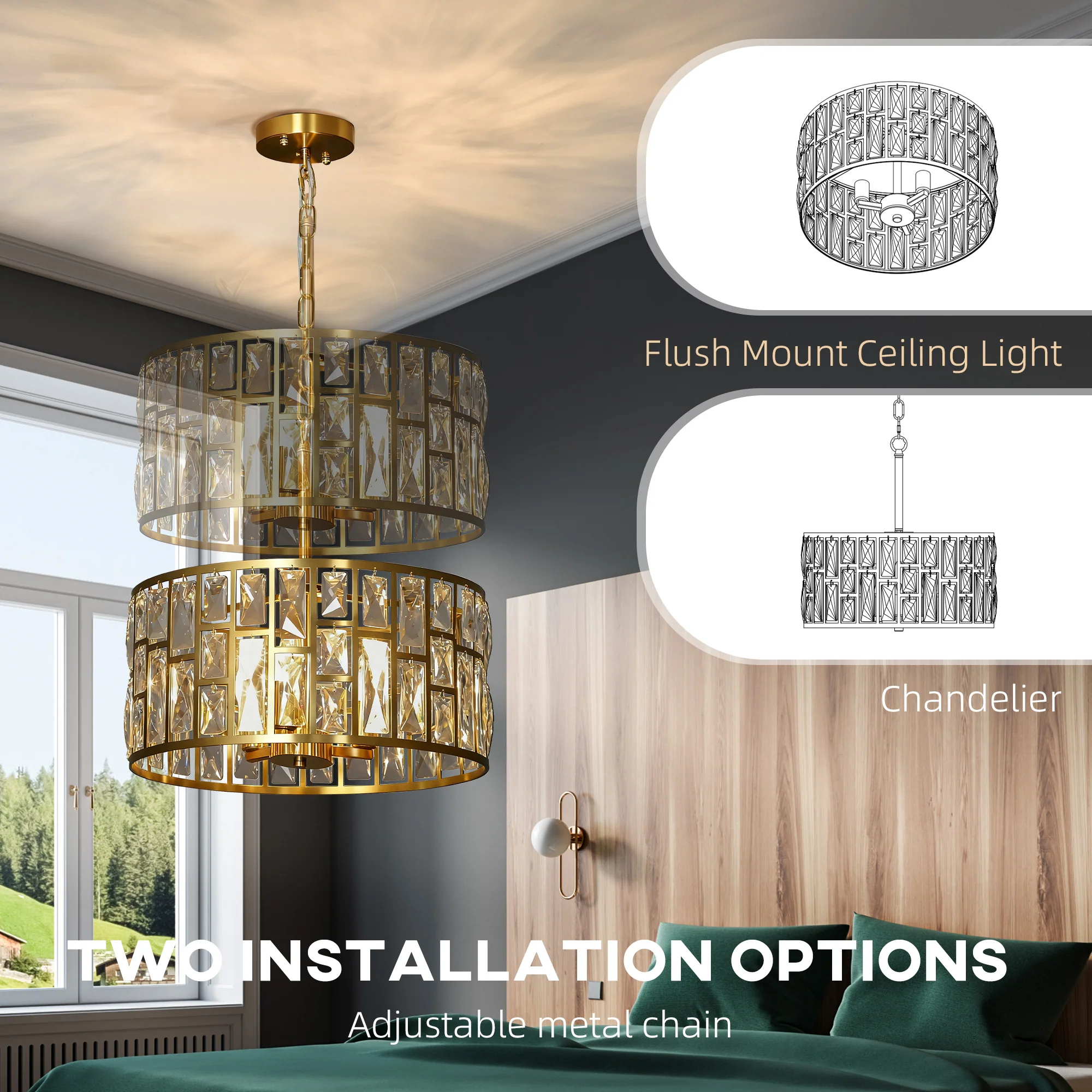 HOMCOM Modern Flush Mount Ceiling Light, Crystal Chandelier For Living Room - Image 6