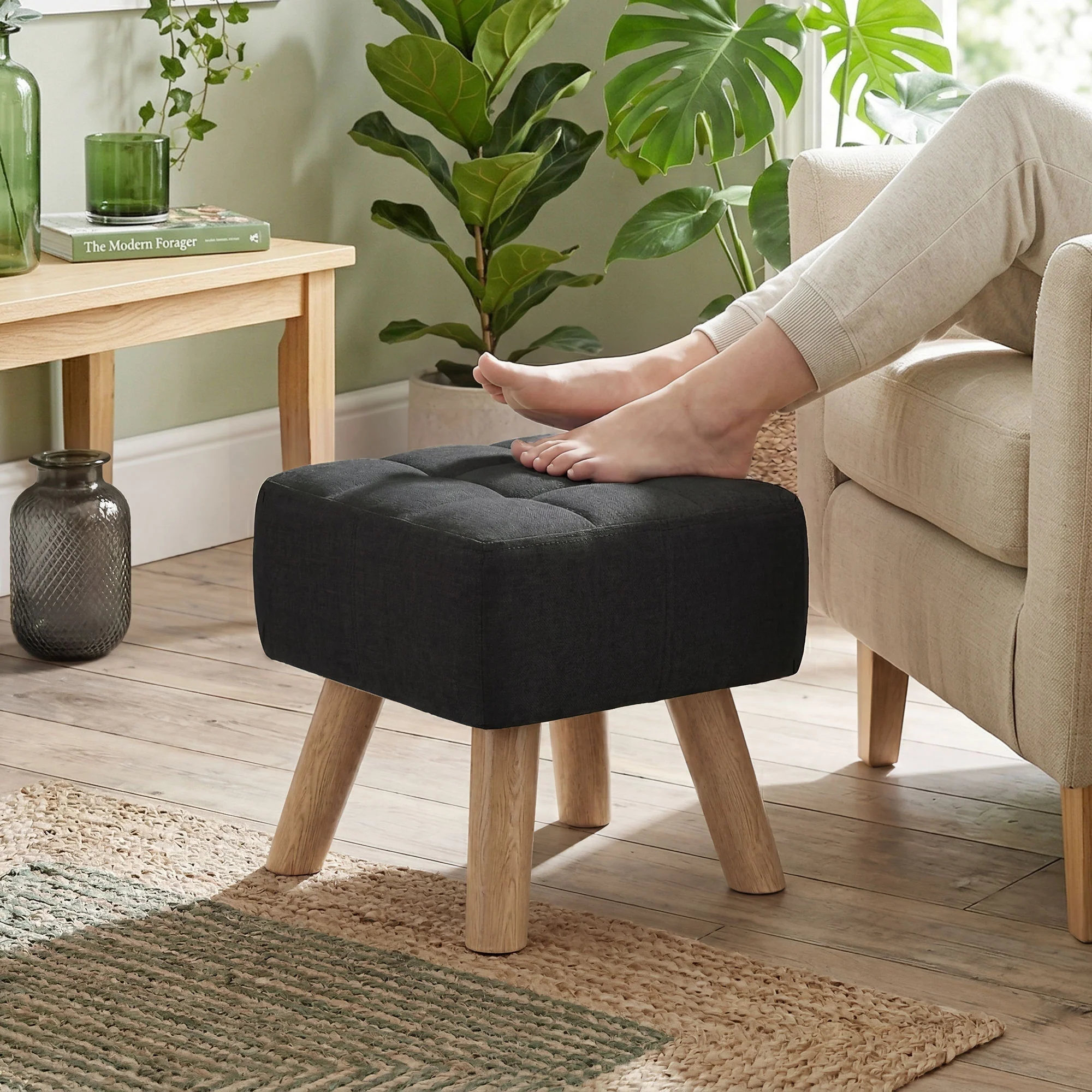 HOMCOM Modern Footstool, Fabric Foot Rest with Rubber Wood Legs, Black - Image 2