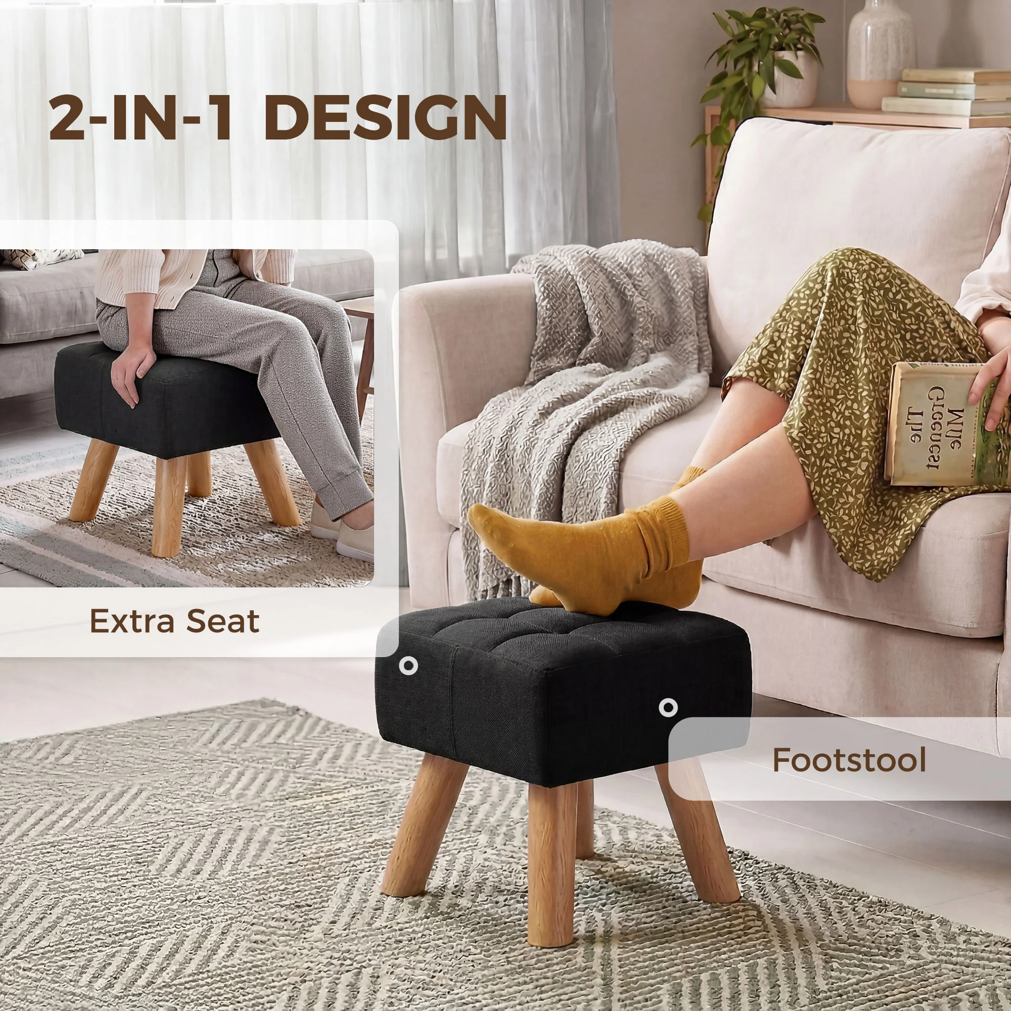 HOMCOM Modern Footstool, Fabric Foot Rest with Rubber Wood Legs, Black - Image 3