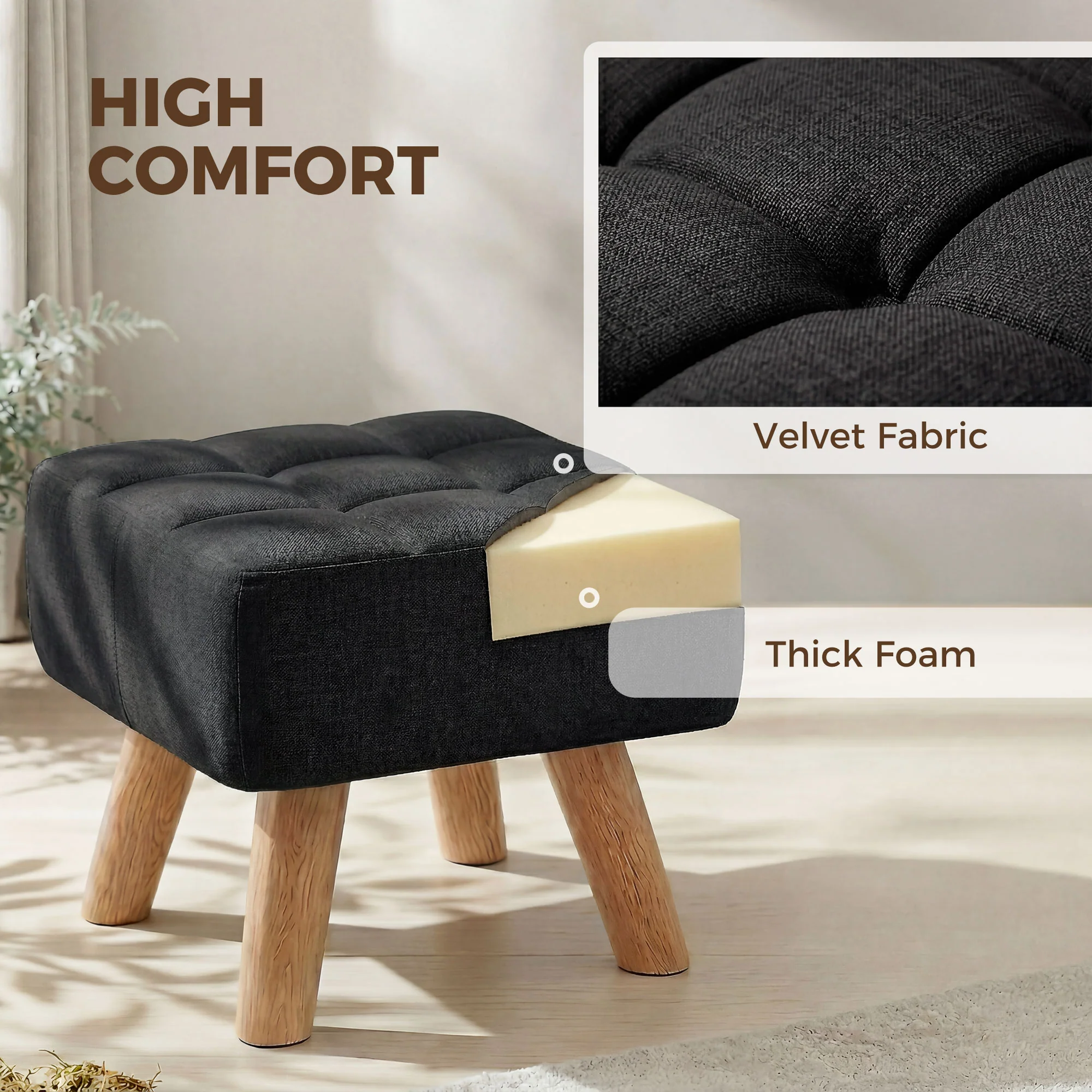 HOMCOM Modern Footstool, Fabric Foot Rest with Rubber Wood Legs, Black - Image 4