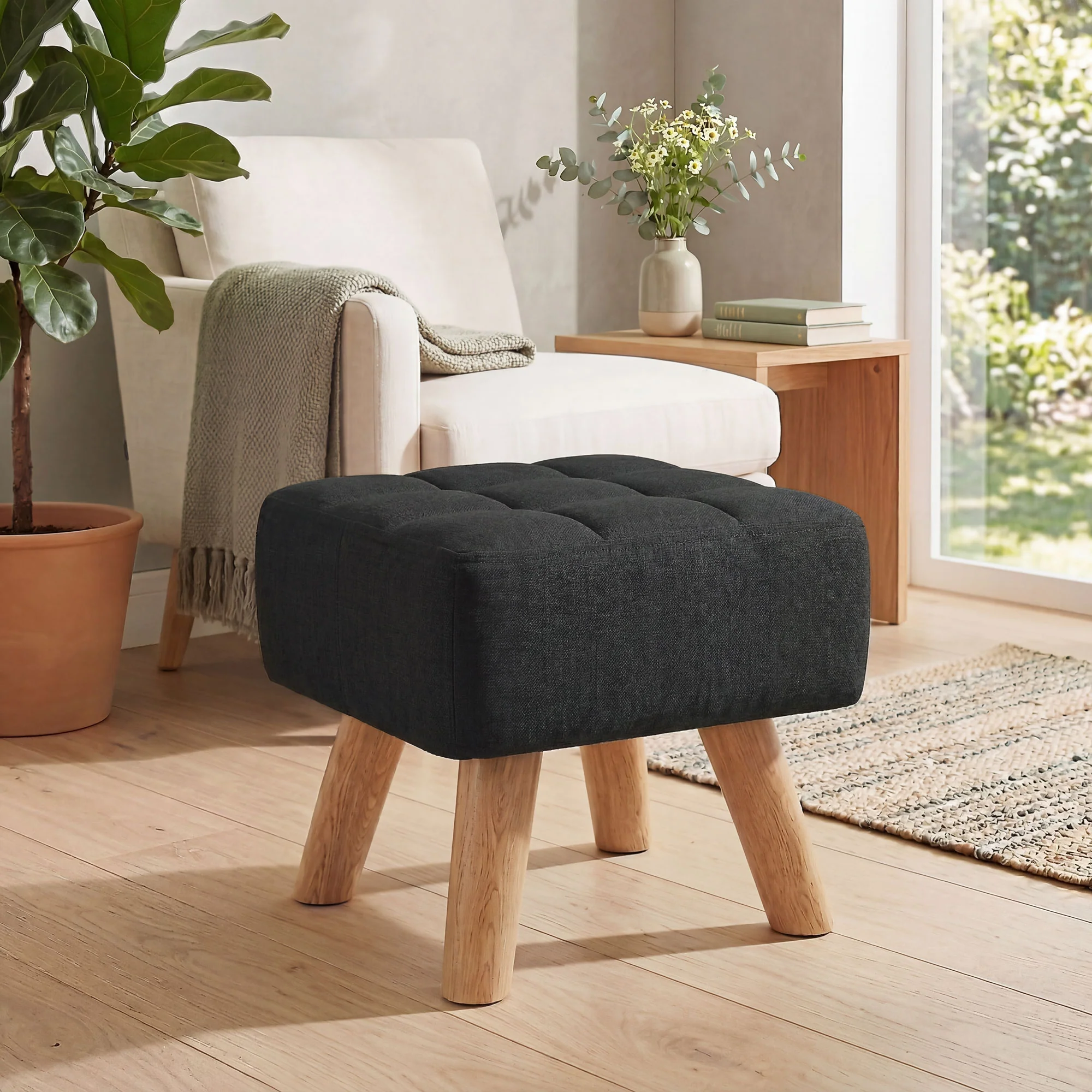 HOMCOM Modern Footstool, Fabric Foot Rest with Rubber Wood Legs, Black - Image 7