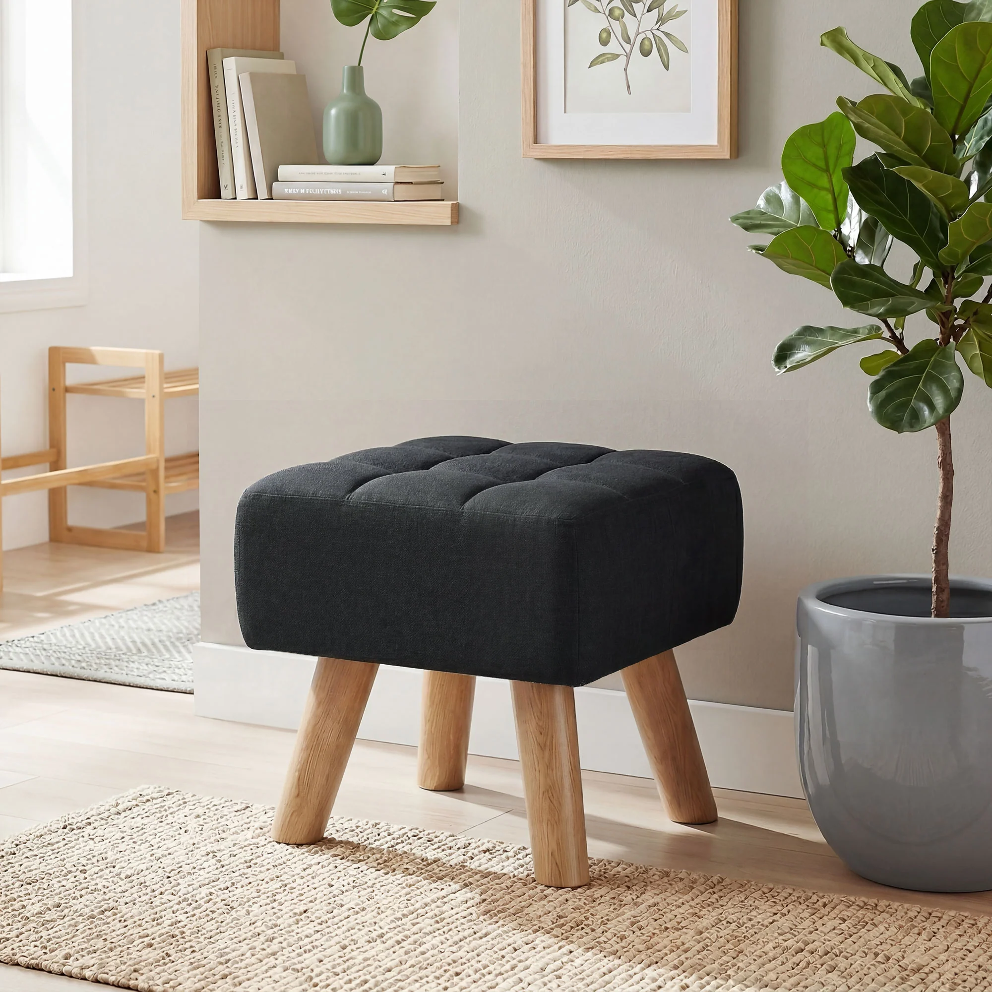 HOMCOM Modern Footstool, Fabric Foot Rest with Rubber Wood Legs, Black - Image 8