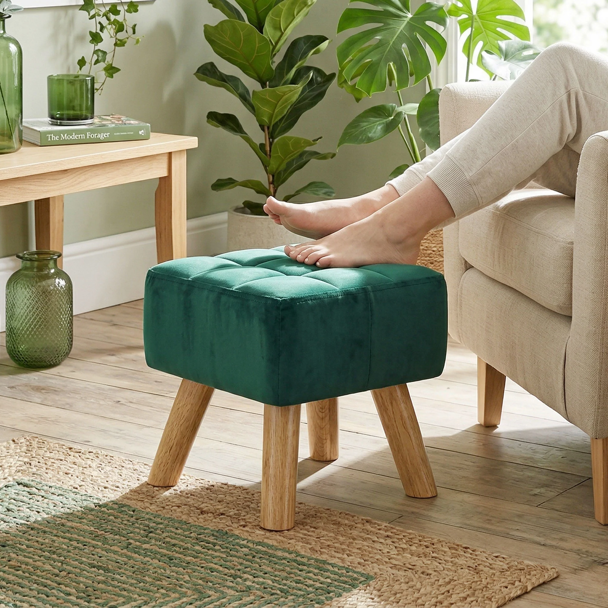 HOMCOM Modern Footstool, Fabric Foot Rest with Rubber Wood Legs, Dark Green - Image 2