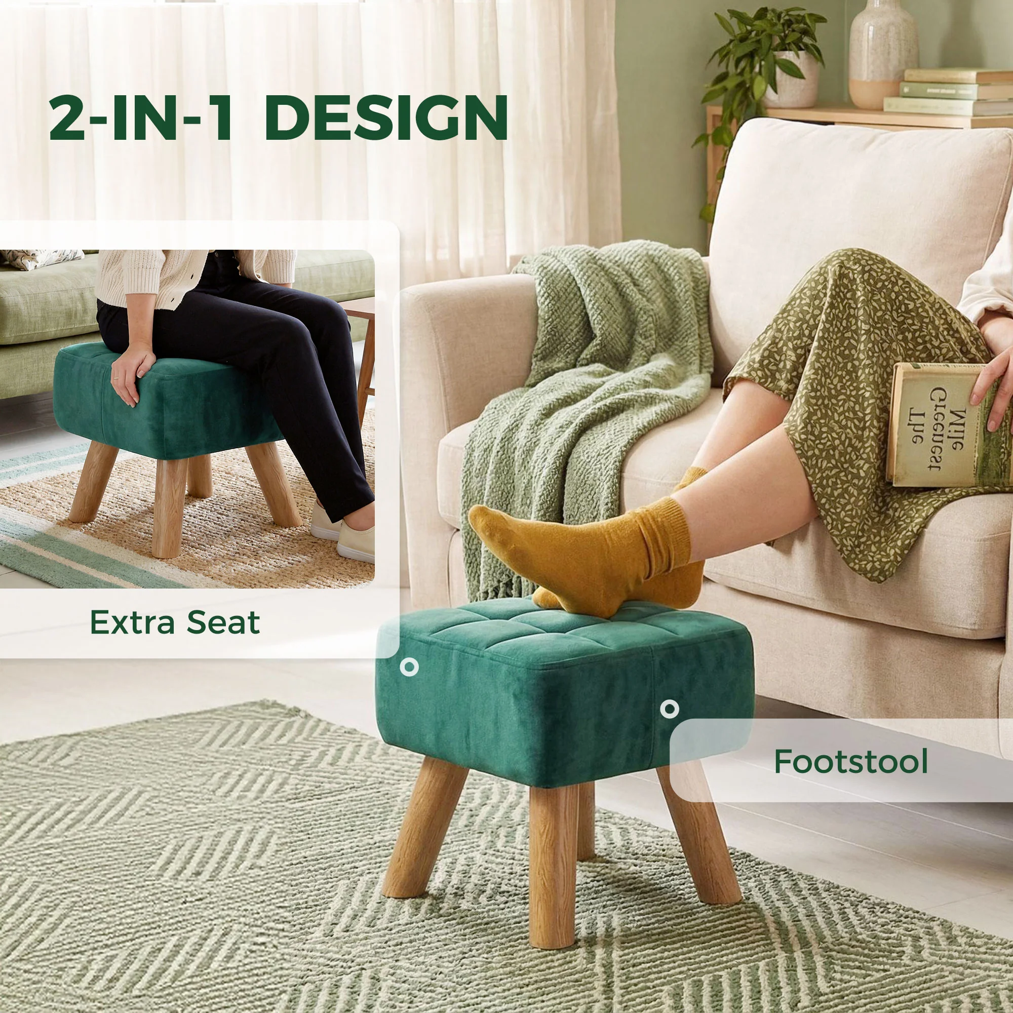 HOMCOM Modern Footstool, Fabric Foot Rest with Rubber Wood Legs, Dark Green - Image 3