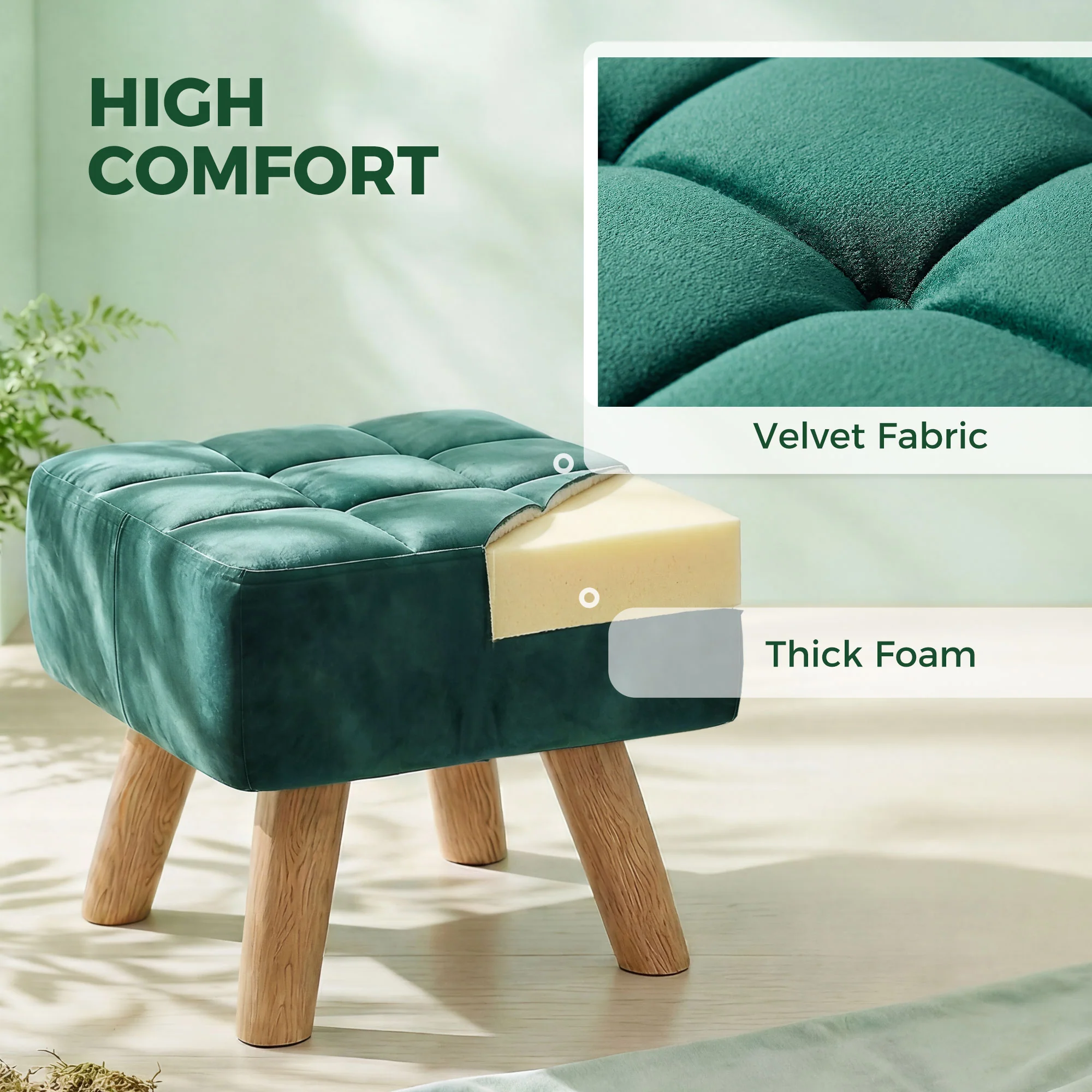 HOMCOM Modern Footstool, Fabric Foot Rest with Rubber Wood Legs, Dark Green - Image 4