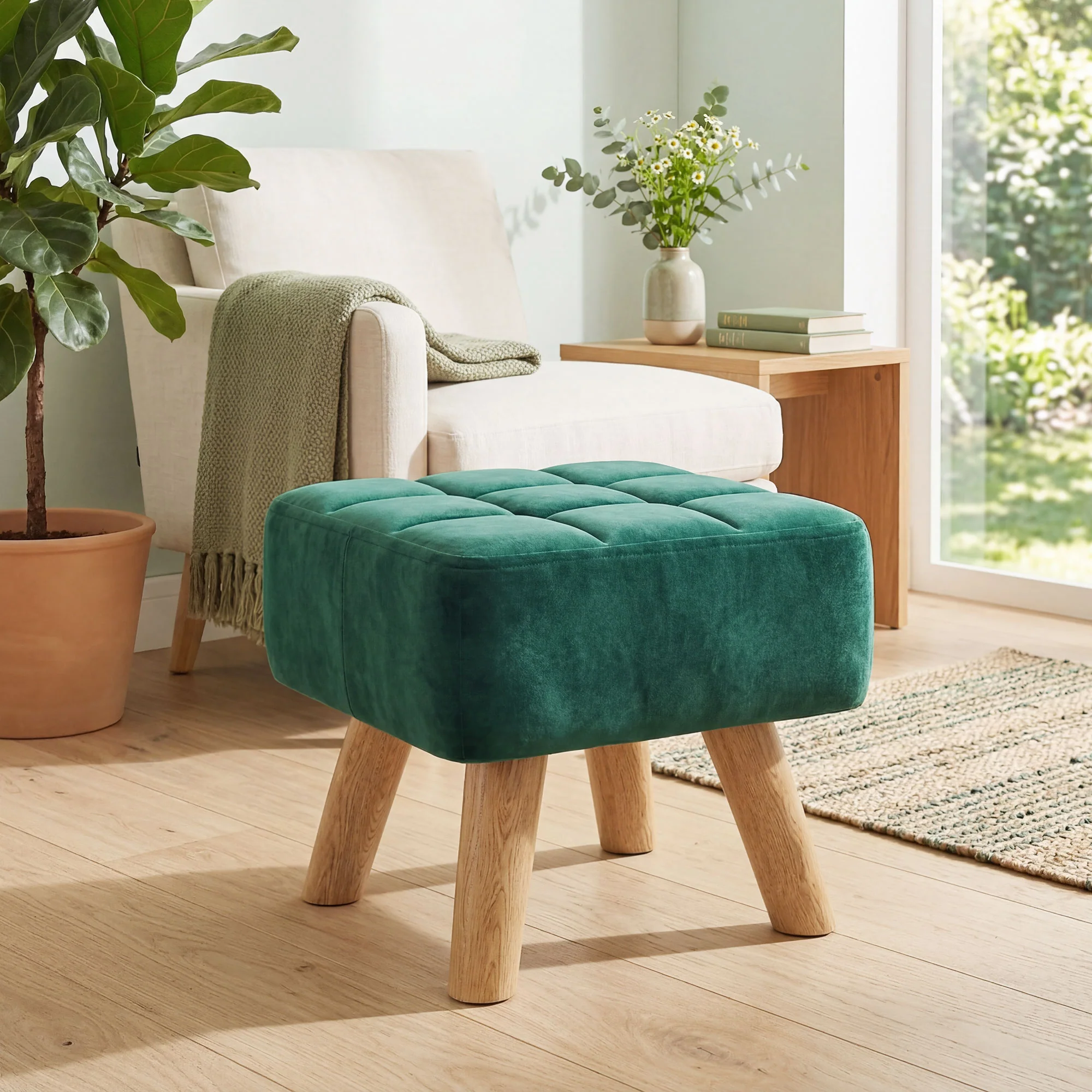 HOMCOM Modern Footstool, Fabric Foot Rest with Rubber Wood Legs, Dark Green - Image 7