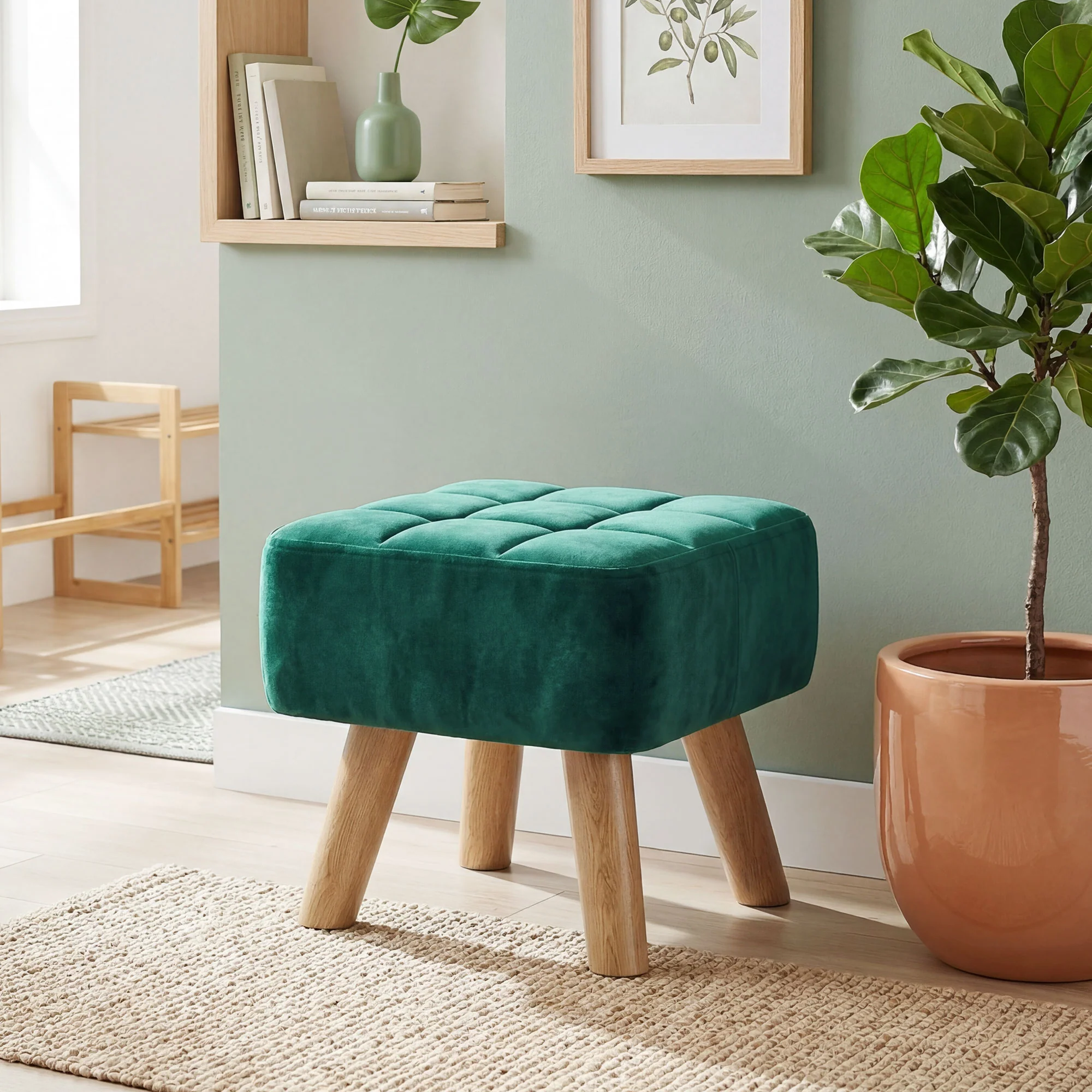 HOMCOM Modern Footstool, Fabric Foot Rest with Rubber Wood Legs, Dark Green - Image 8