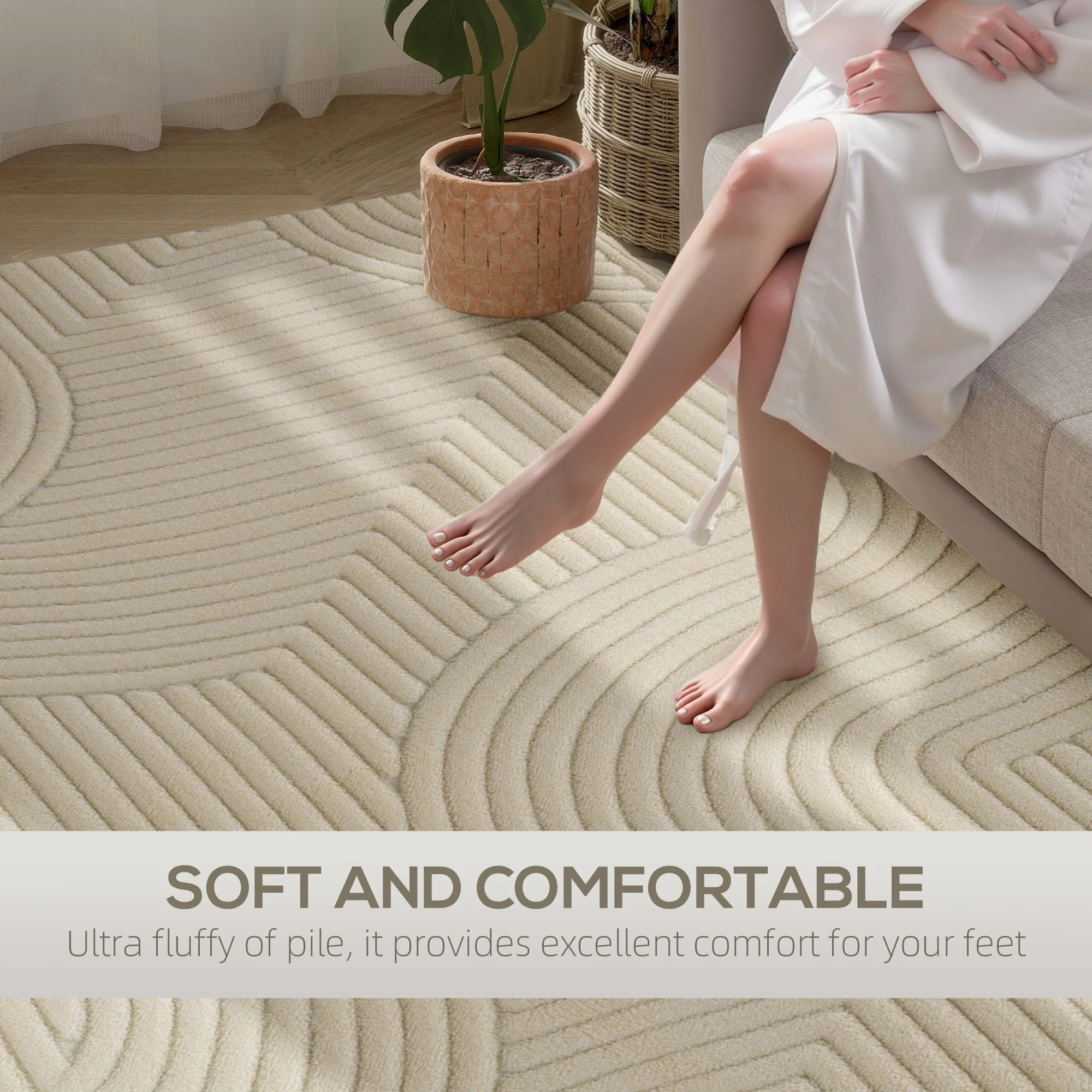 HOMCOM Modern Geometric Rug, Thick Plush, Non-Slip,Cream - Image 3