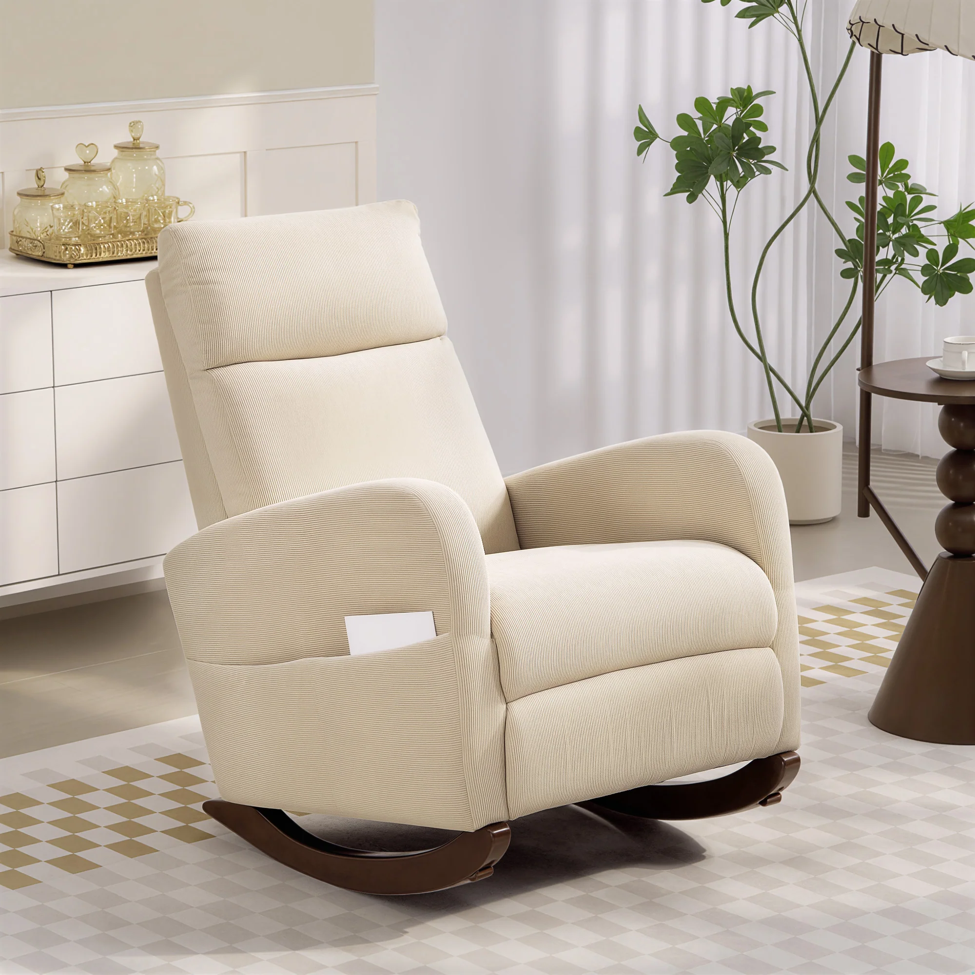 HOMCOM Modern High Back Corduroy Leisure Rocking Chair For Nursery, Beige - Image 2