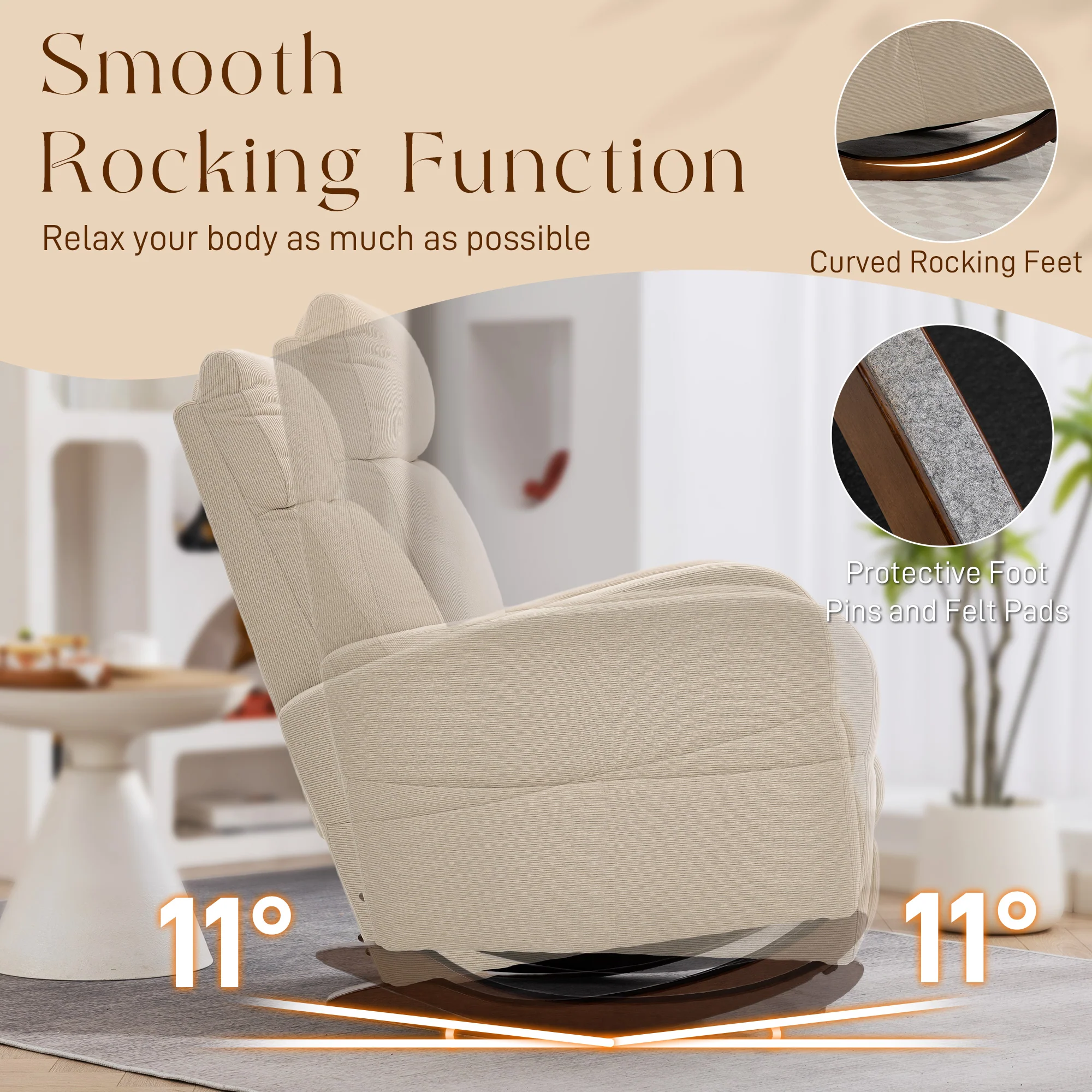 HOMCOM Modern High Back Corduroy Leisure Rocking Chair For Nursery, Beige - Image 3