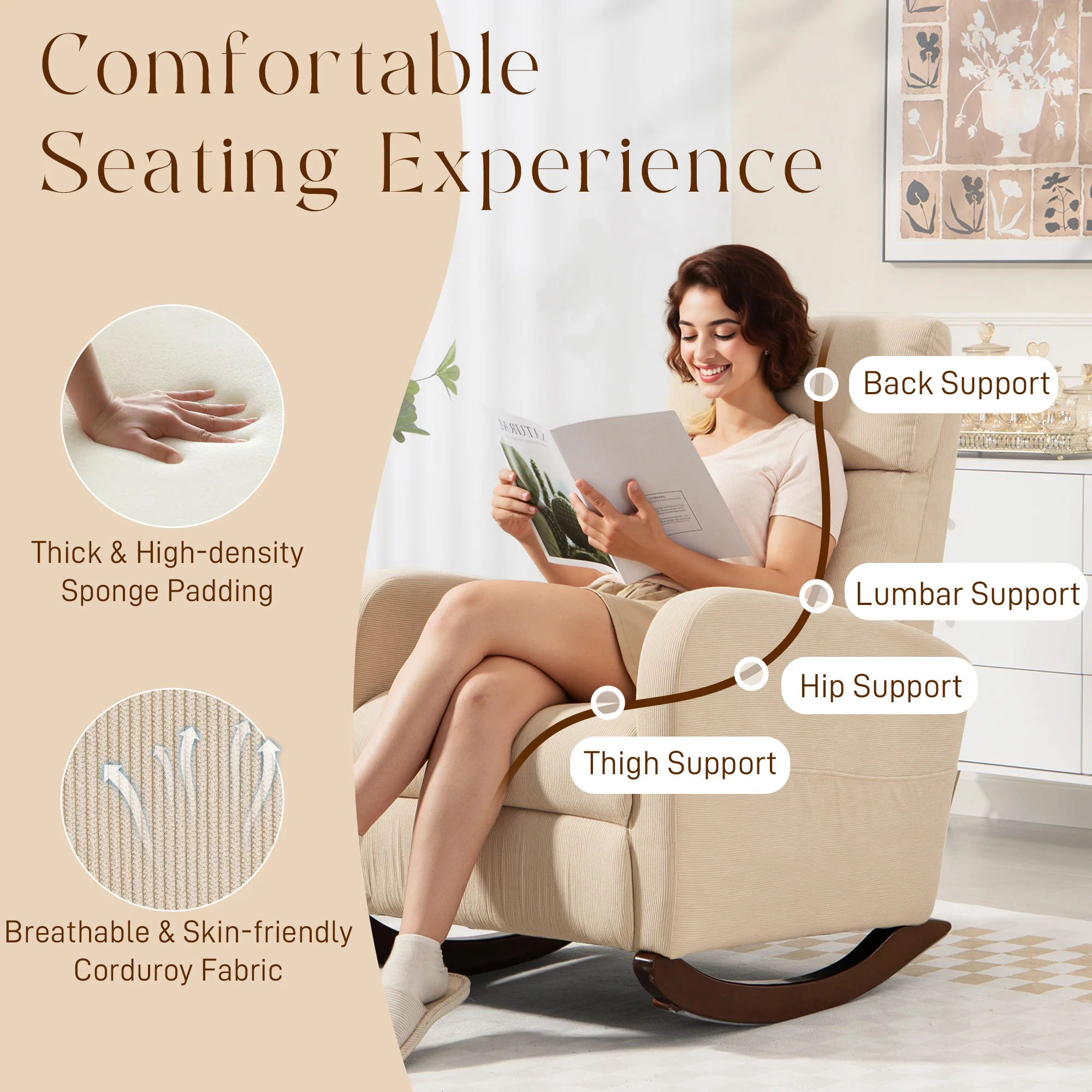 HOMCOM Modern High Back Corduroy Leisure Rocking Chair For Nursery, Beige - Image 4