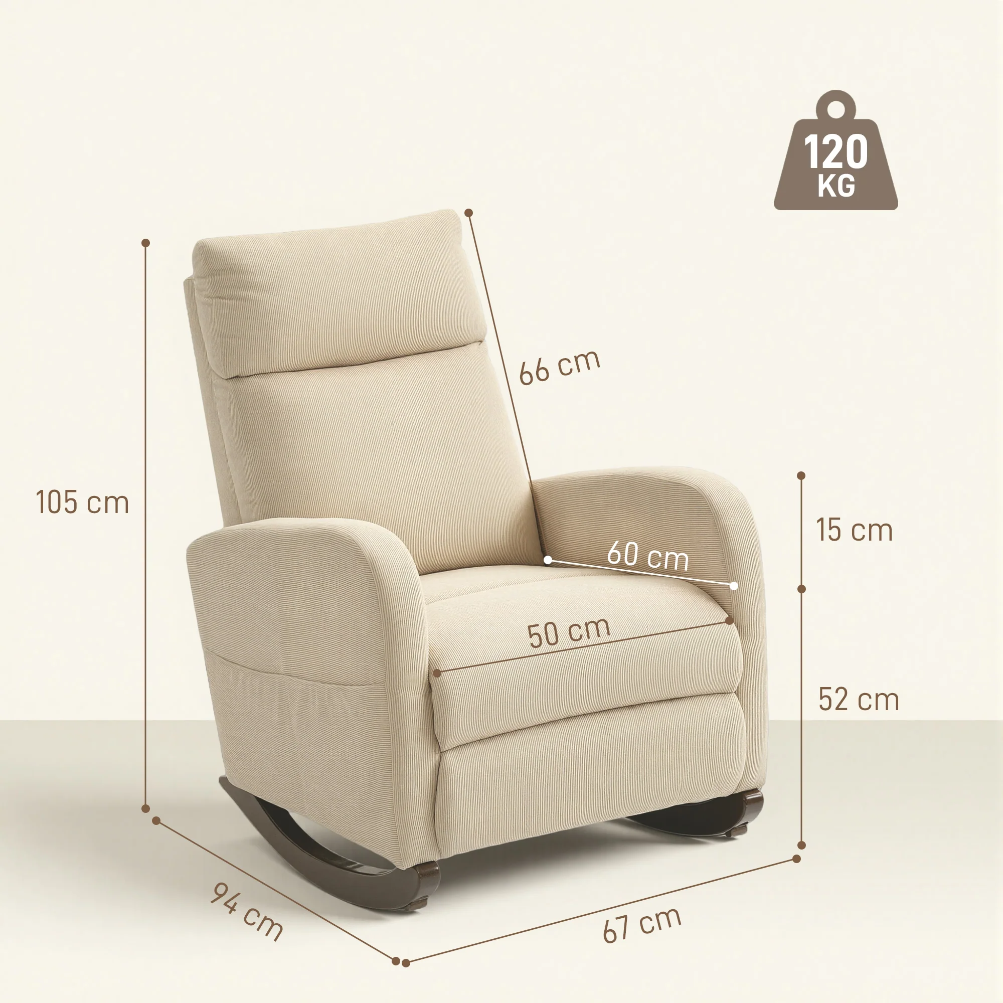 HOMCOM Modern High Back Corduroy Leisure Rocking Chair For Nursery, Beige - Image 5