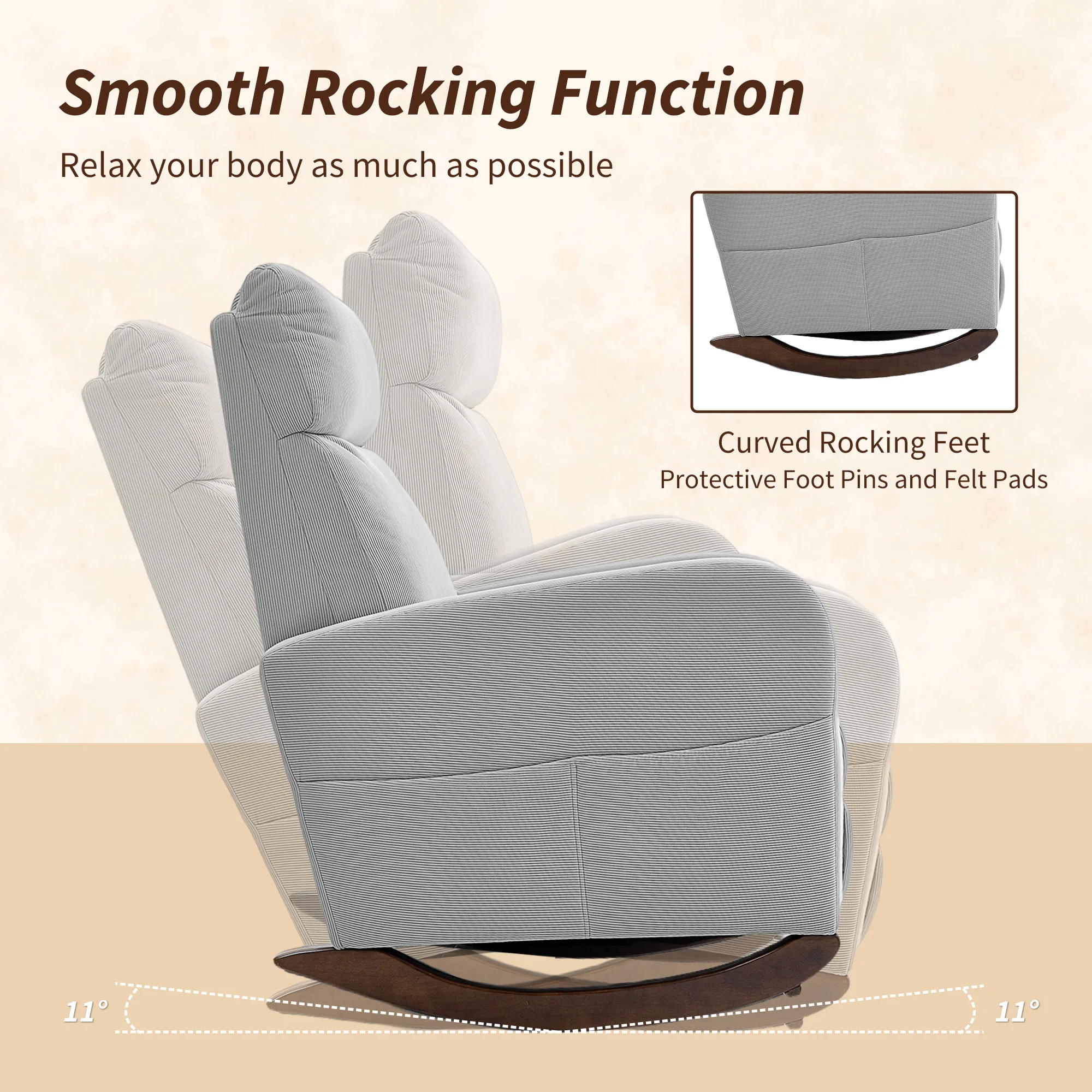 HOMCOM Modern High Back Corduroy Leisure Rocking Chair For Nursery, Grey - Image 3