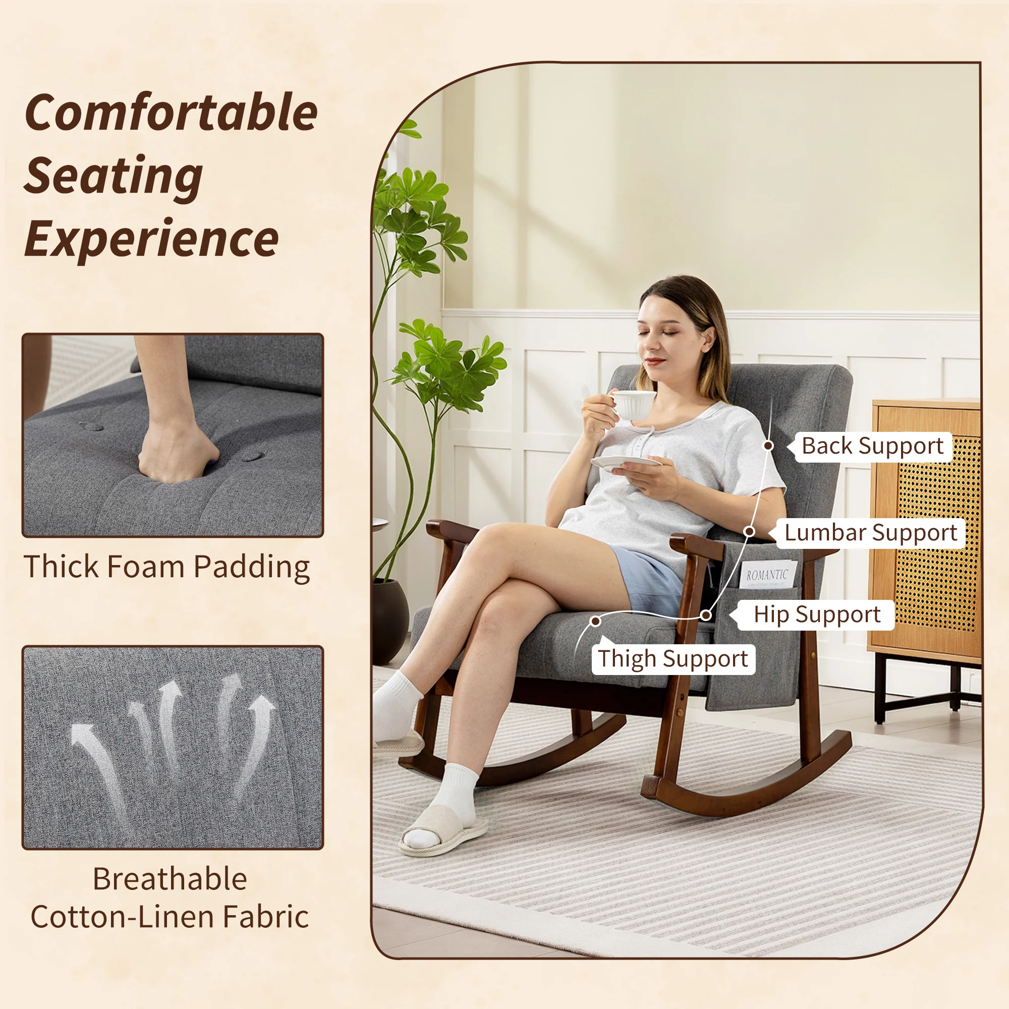 HOMCOM Modern High Back Rocking Chair With Solid Wood Legs, Grey - Image 4
