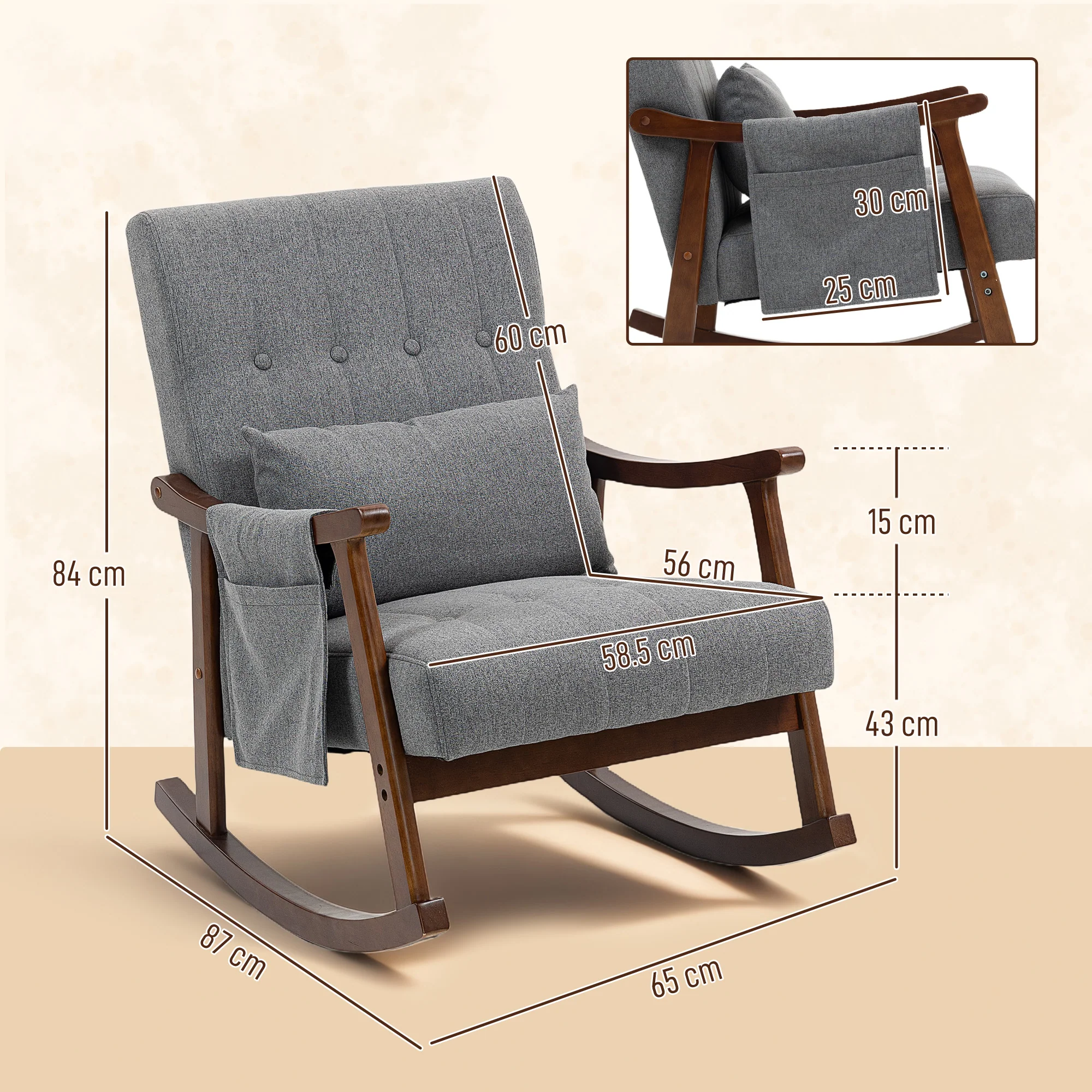 HOMCOM Modern High Back Rocking Chair With Solid Wood Legs, Grey - Image 5
