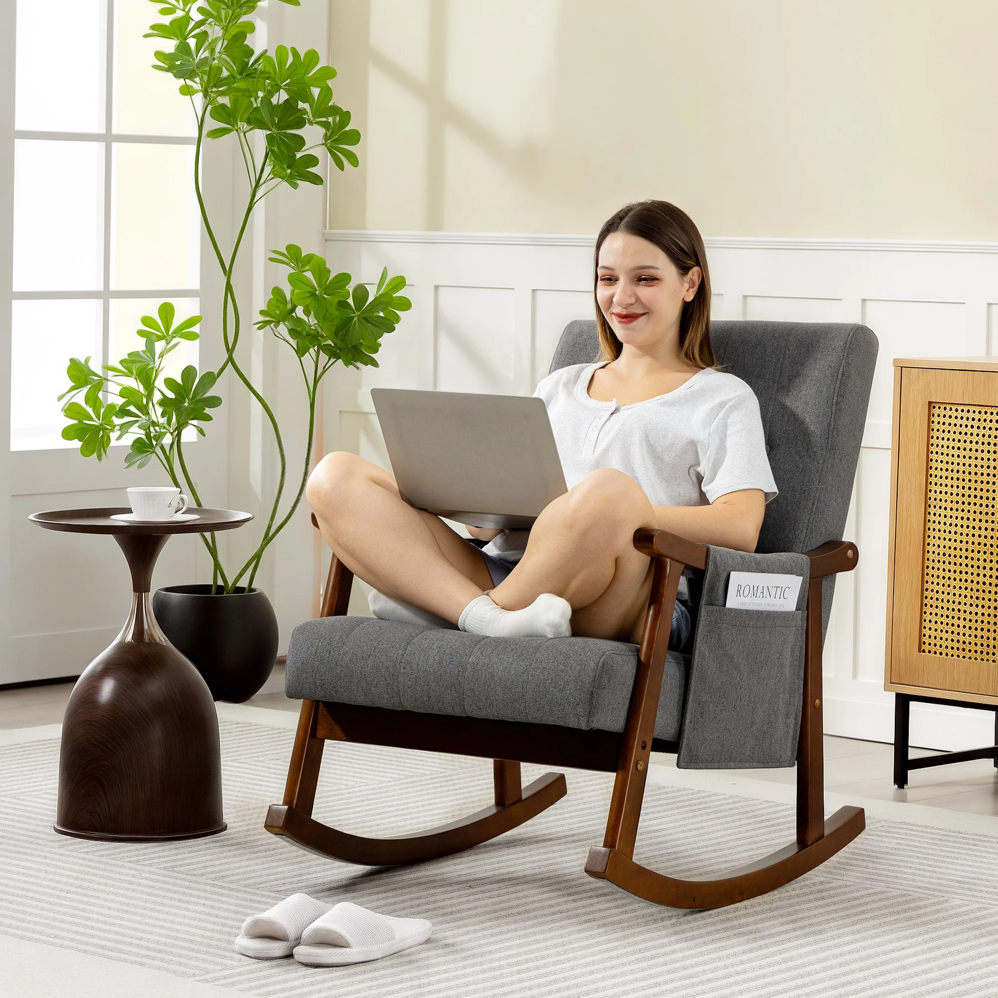 HOMCOM Modern High Back Rocking Chair With Solid Wood Legs, Grey - Image 8