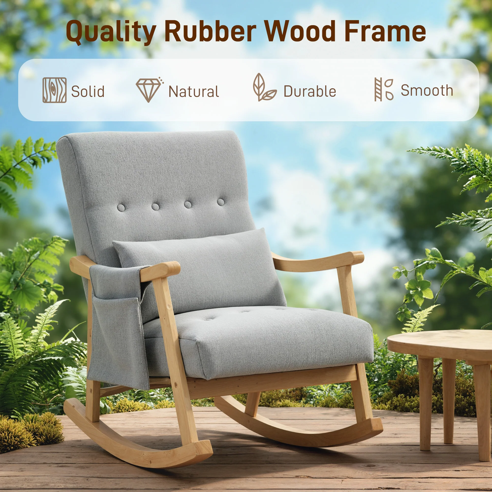 HOMCOM Modern High Back Rocking Chair With Solid Wood Legs, Light Grey - Image 7