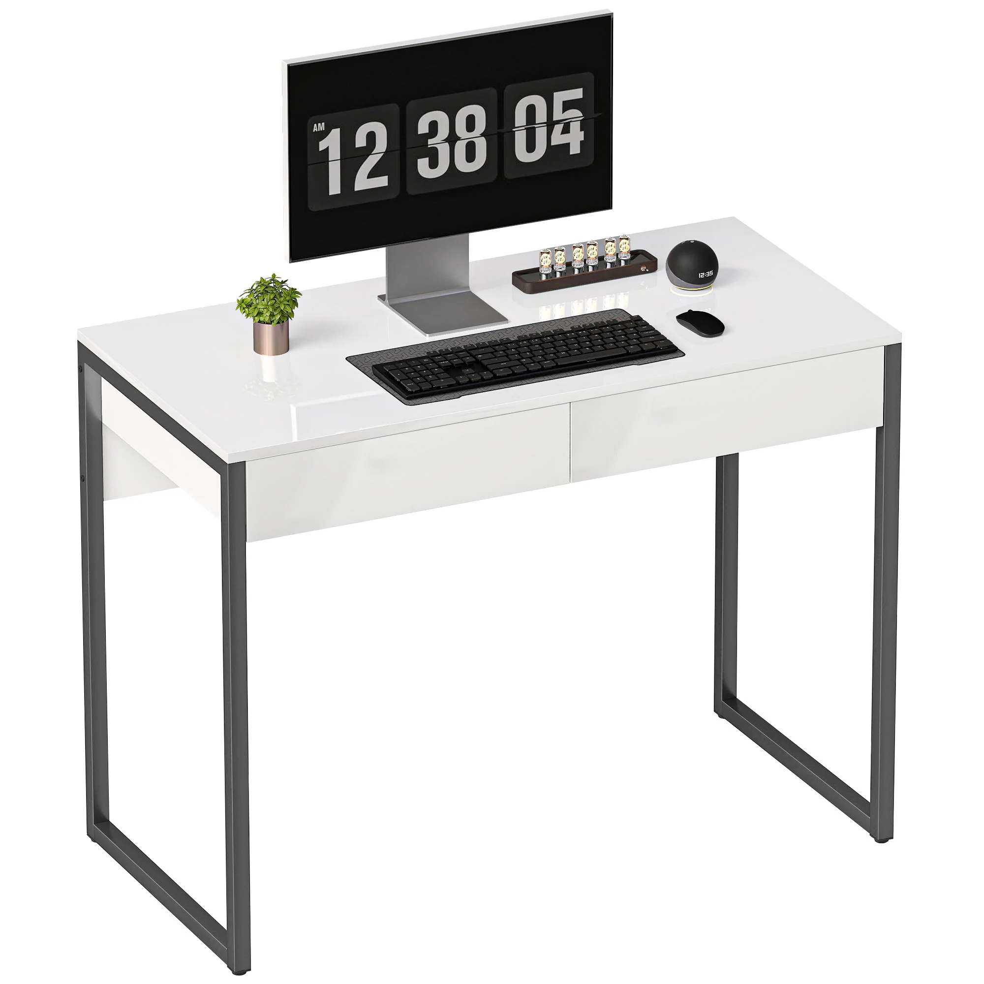 HOMCOM Modern Home Office Desk with High Gloss 2 Drawers Finish White Black