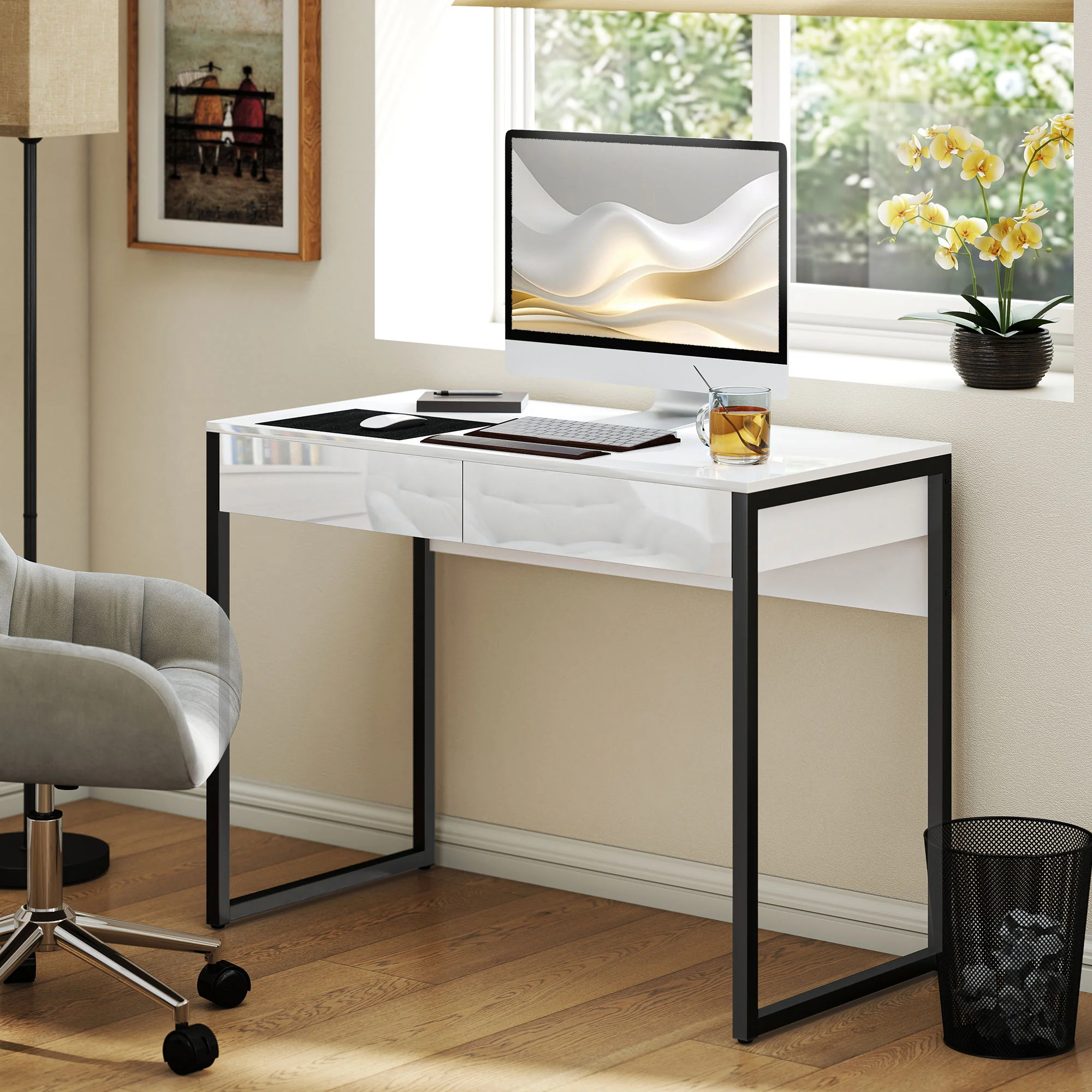 HOMCOM Modern Home Office Desk with High Gloss 2 Drawers Finish White Black - Image 2