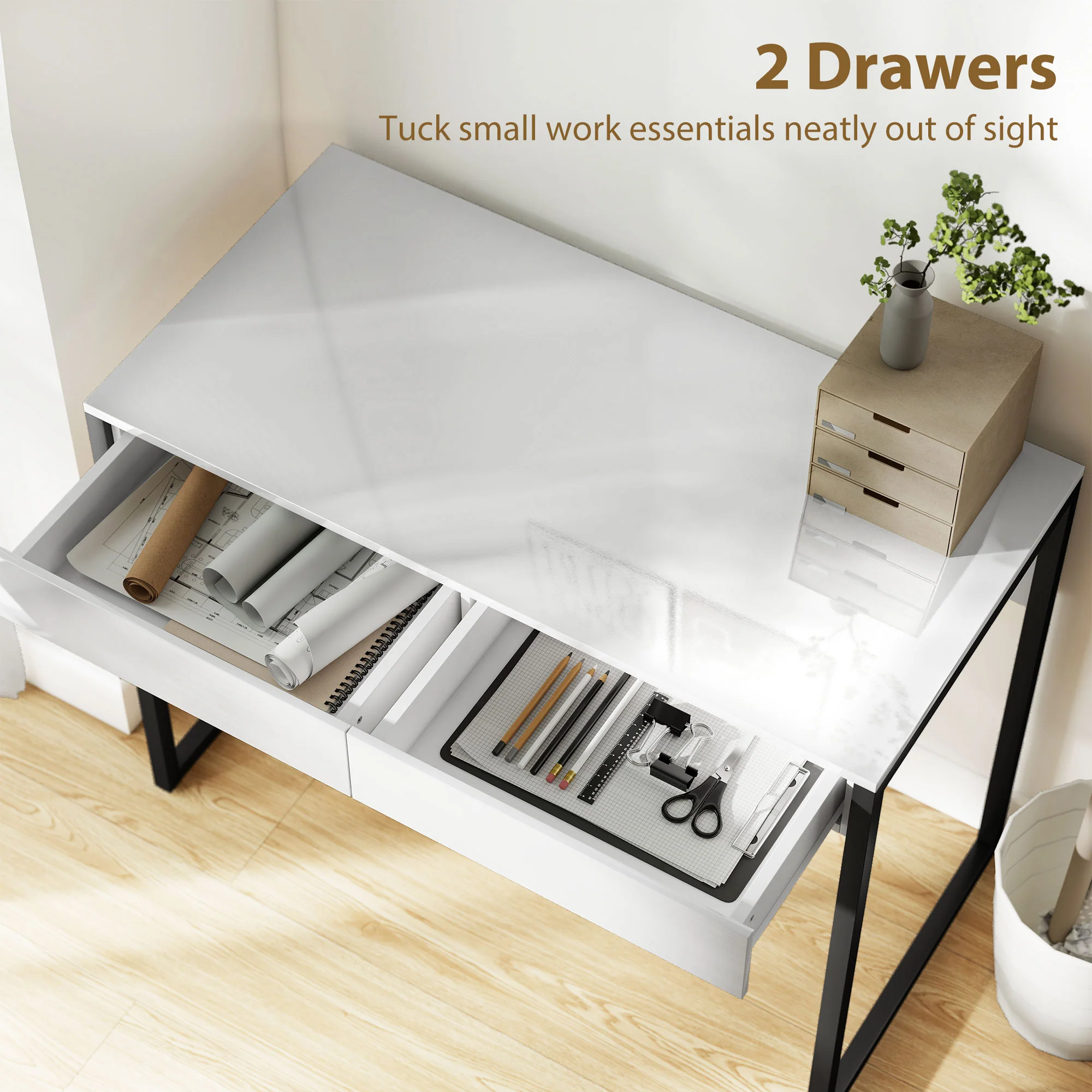 HOMCOM Modern Home Office Desk with High Gloss 2 Drawers Finish White Black - Image 3