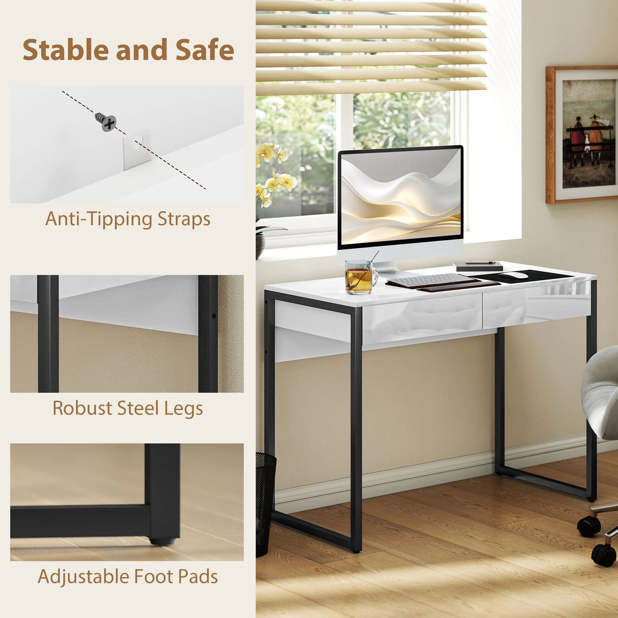 HOMCOM Modern Home Office Desk with High Gloss 2 Drawers Finish White Black - Image 4