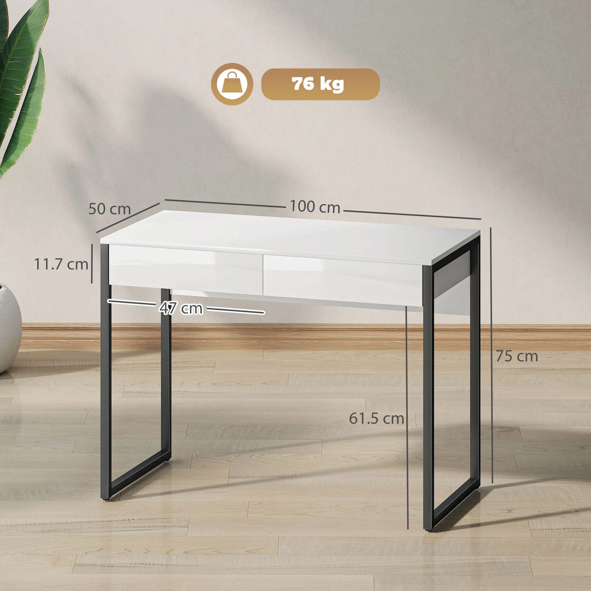 HOMCOM Modern Home Office Desk with High Gloss 2 Drawers Finish White Black - Image 5