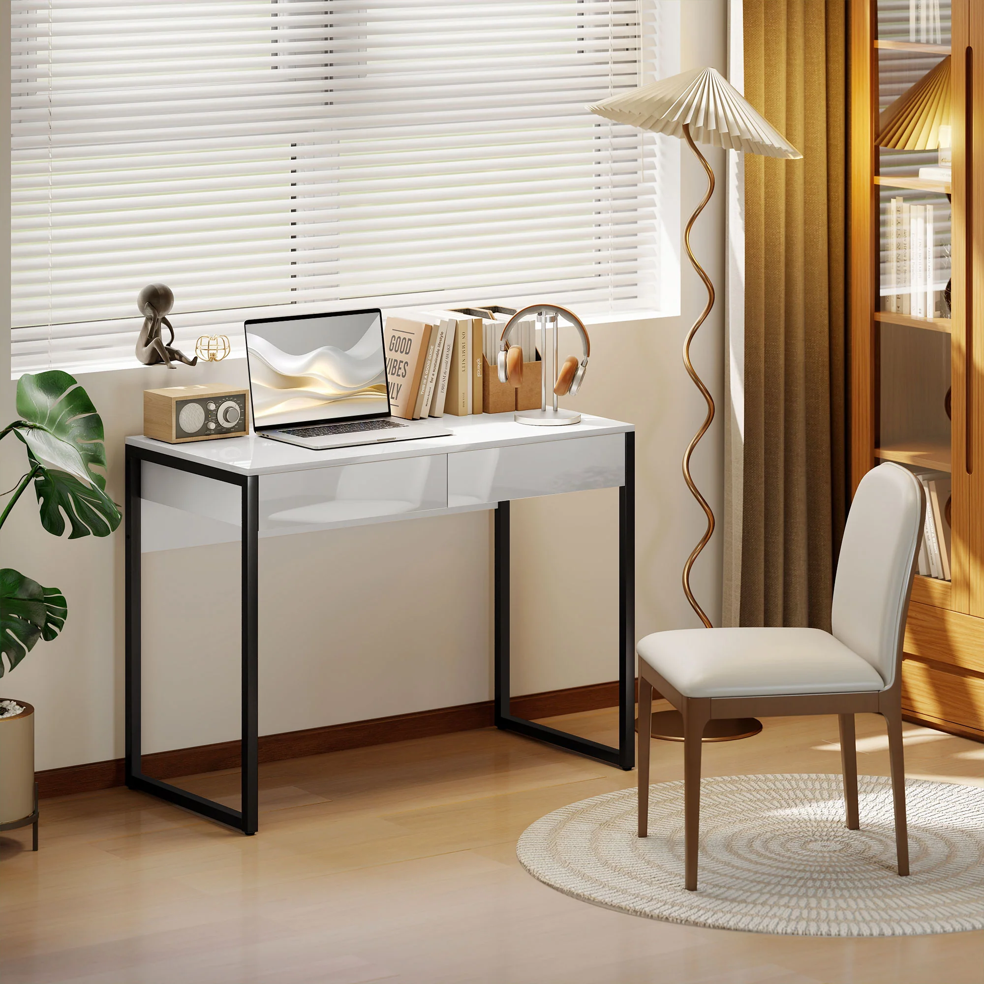 HOMCOM Modern Home Office Desk with High Gloss 2 Drawers Finish White Black - Image 7