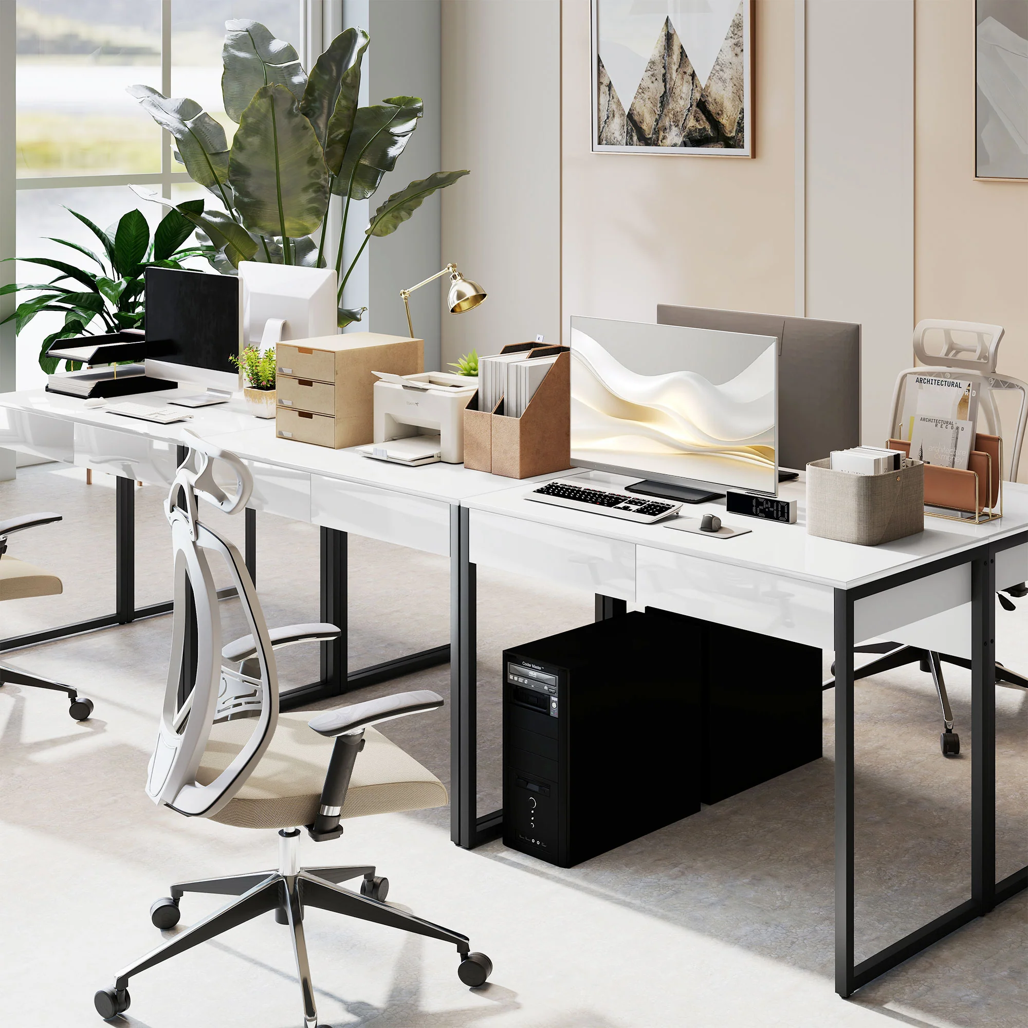 HOMCOM Modern Home Office Desk with High Gloss 2 Drawers Finish White Black - Image 8