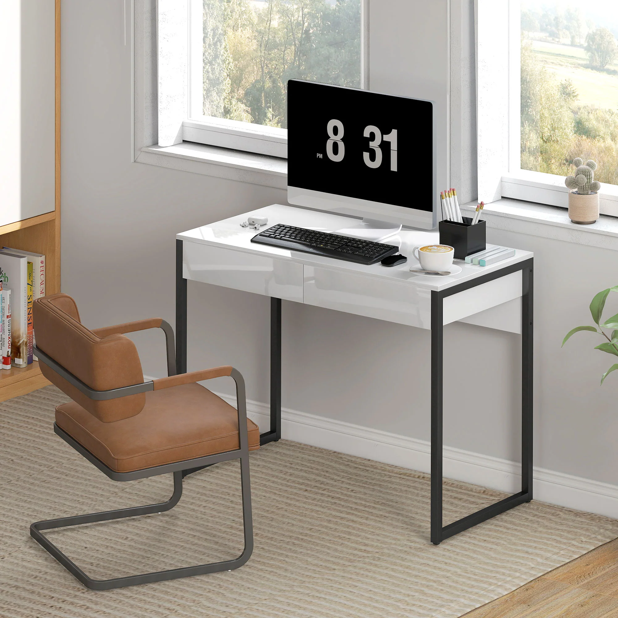HOMCOM Modern Home Office Desk with High Gloss 2 Drawers Finish White Black - Image 9