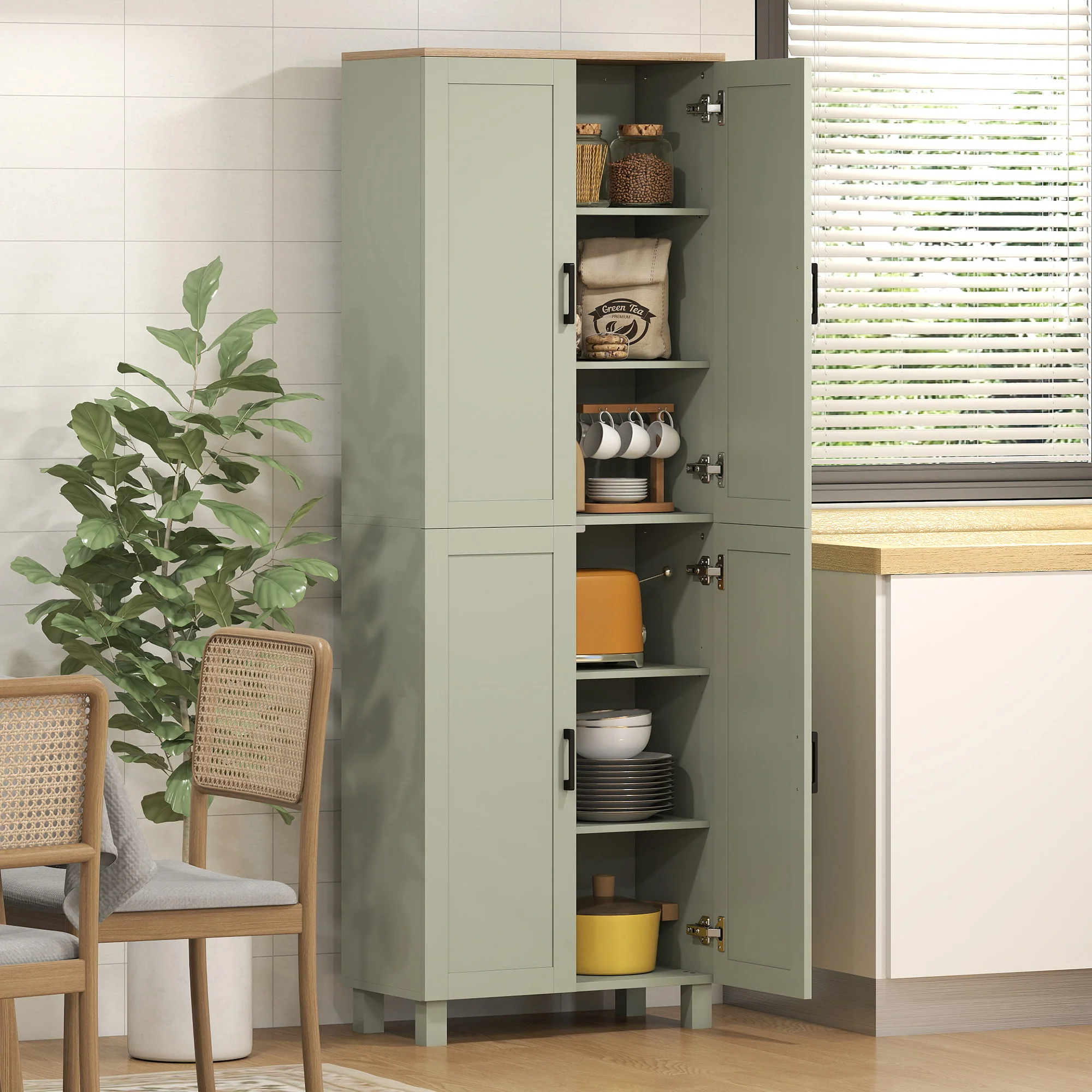 HOMCOM Modern Kitchen Cupboard Storage Cabinet with 6 Shelves, Green - Image 2
