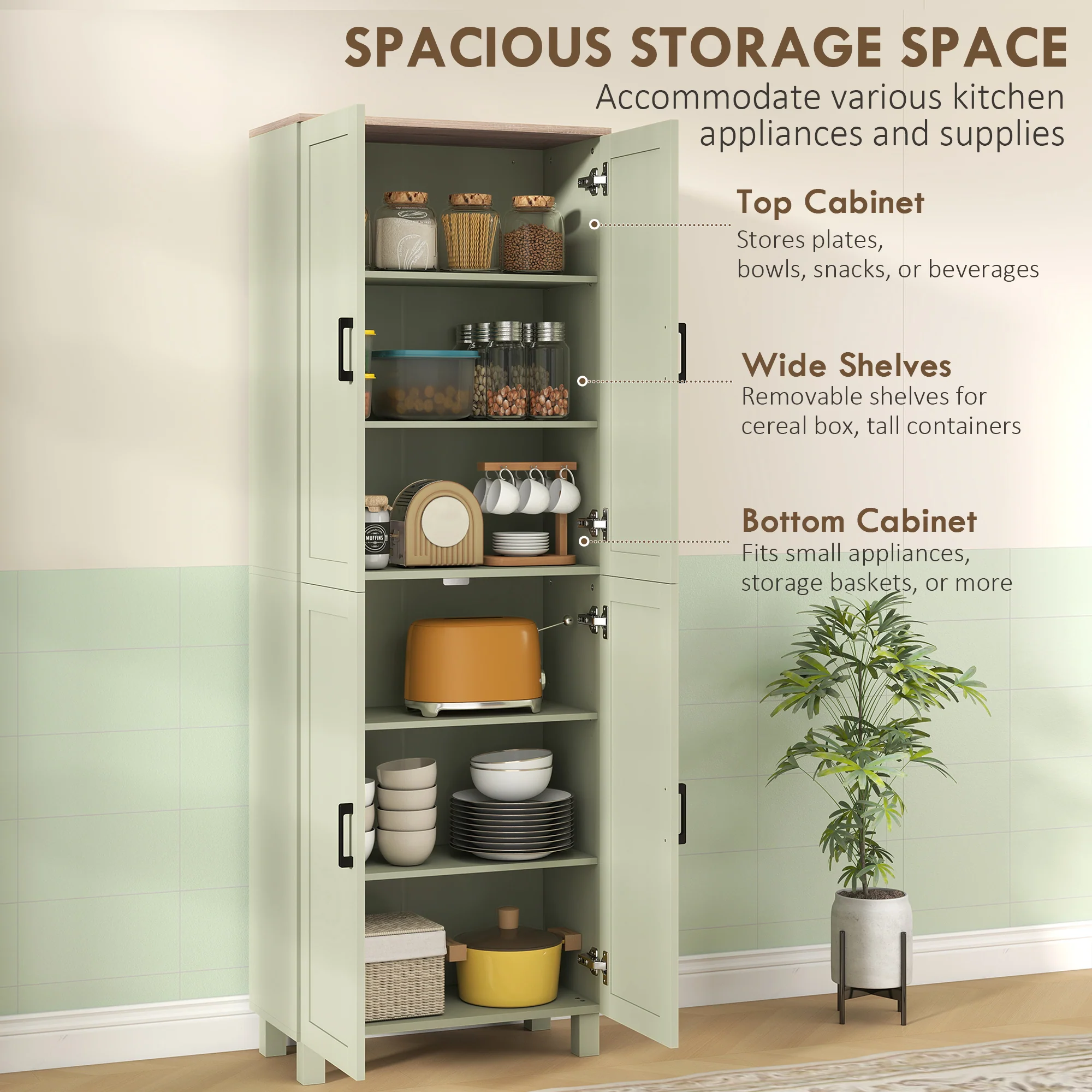 HOMCOM Modern Kitchen Cupboard Storage Cabinet with 6 Shelves, Green - Image 3