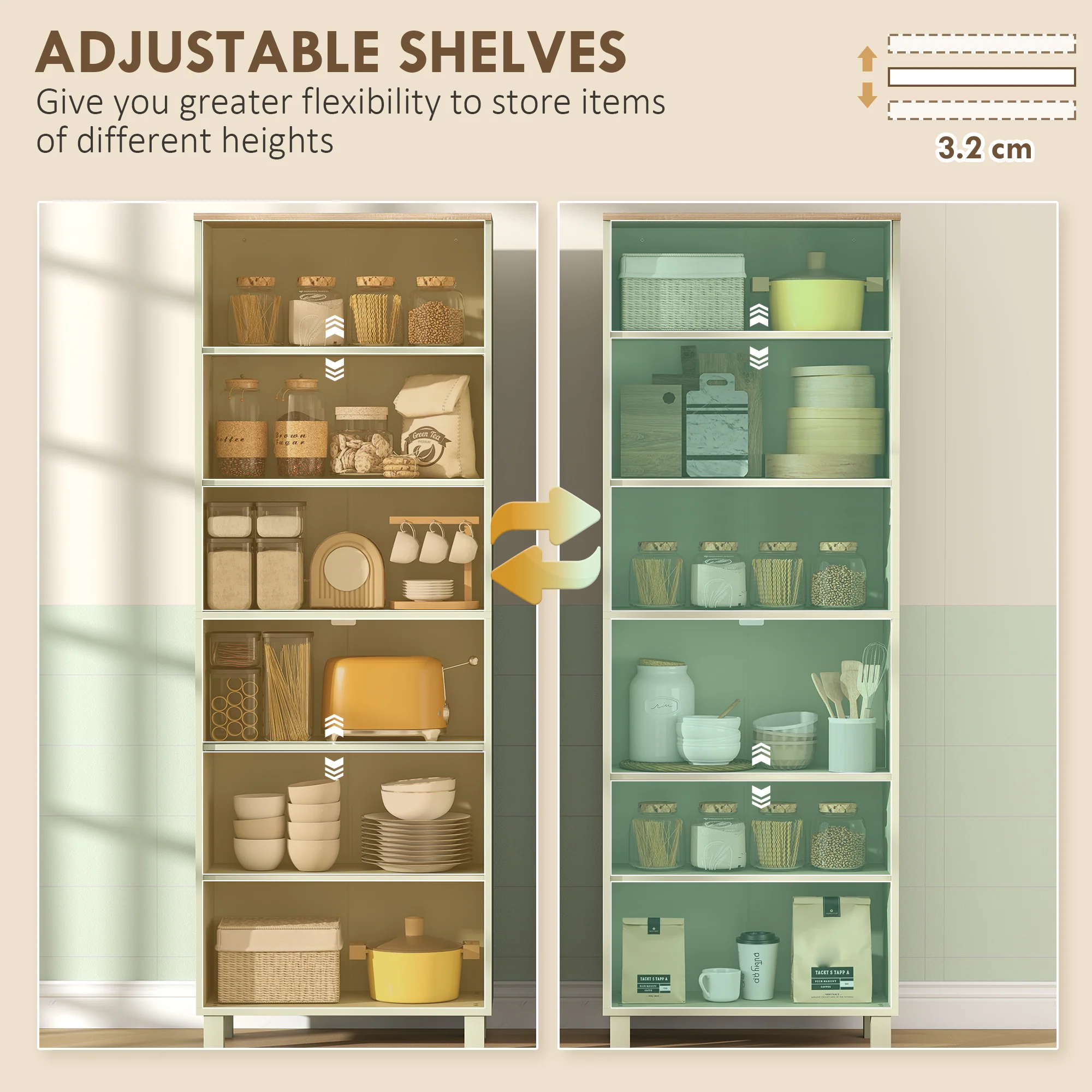 HOMCOM Modern Kitchen Cupboard Storage Cabinet with 6 Shelves, Green - Image 4