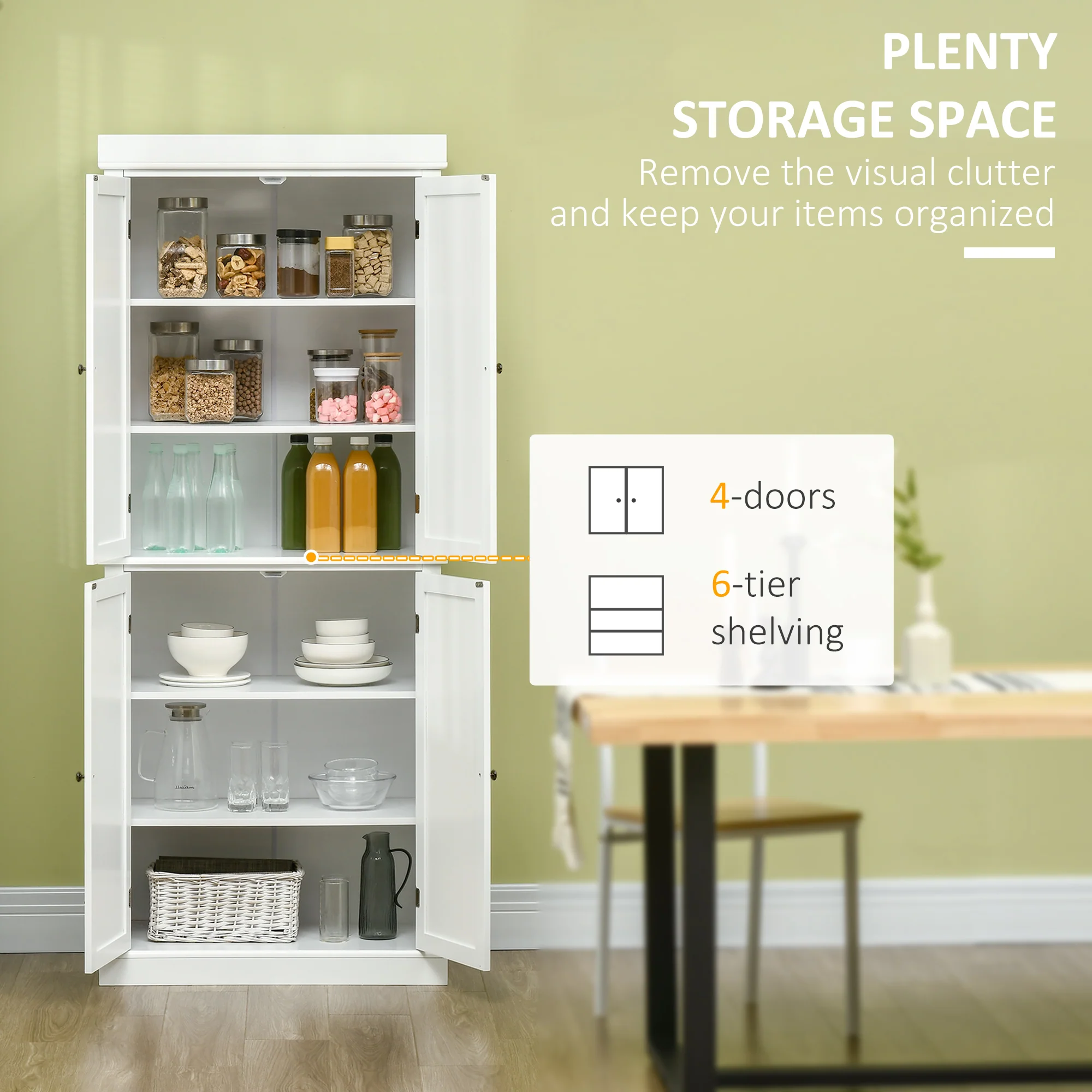 HOMCOM Modern Kitchen Storage Cabinet, 6-Tier Shelves W/ 4 Adjustable, White - Image 3