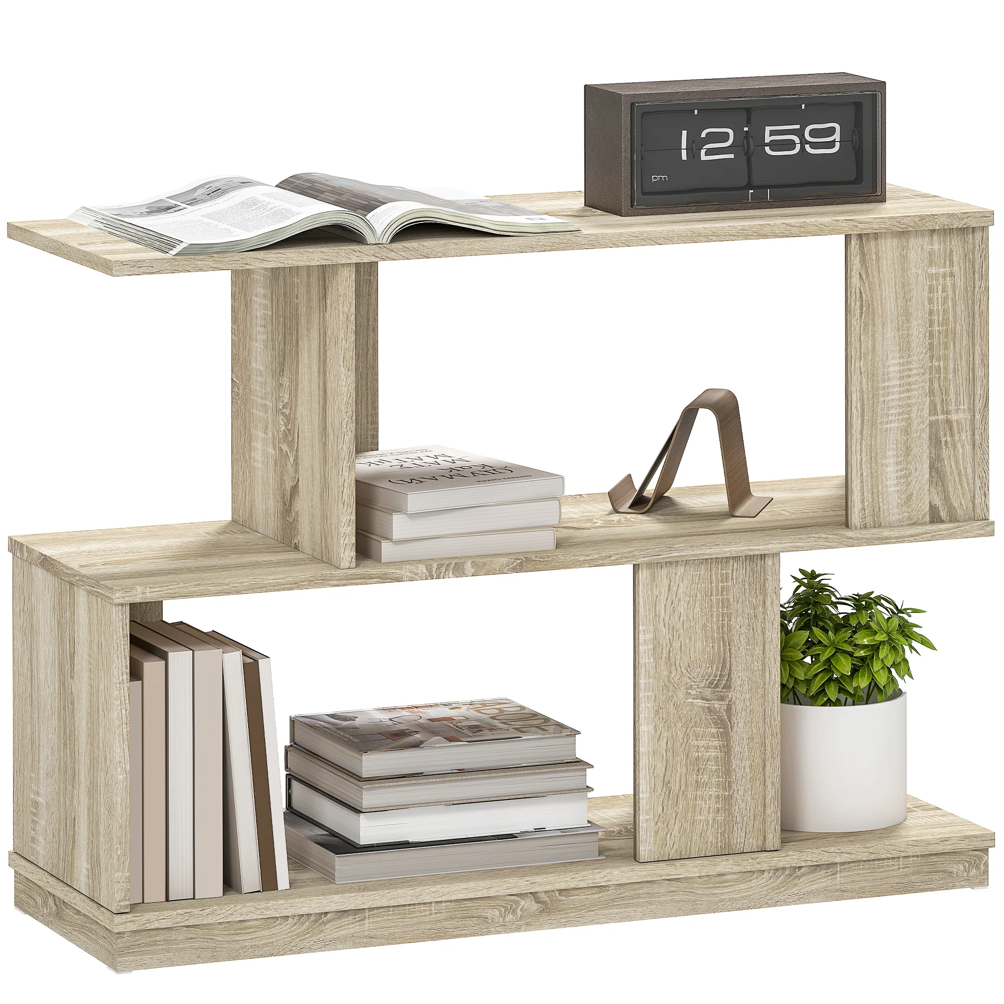 HOMCOM Modern Narrow End Table, S-Shaped Nightstand, Natural Wood Finish
