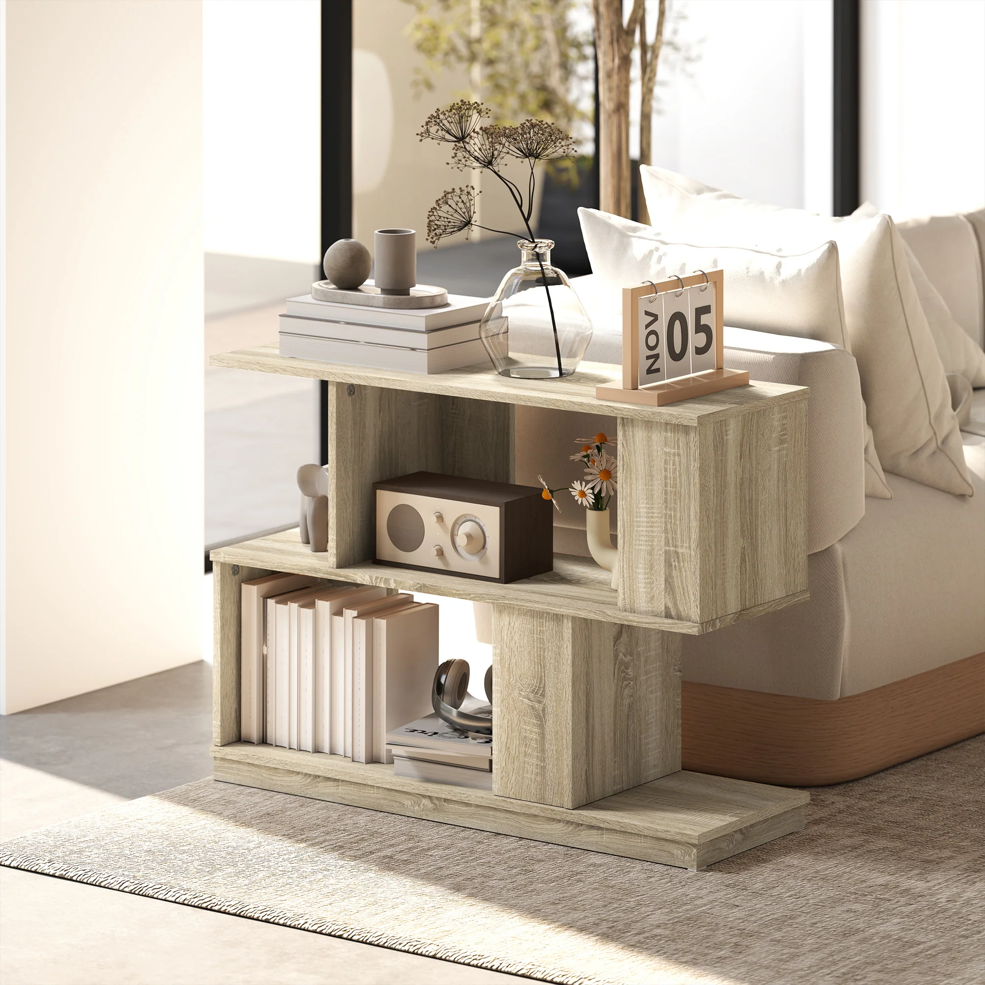 HOMCOM Modern Narrow End Table, S-Shaped Nightstand, Natural Wood Finish - Image 2