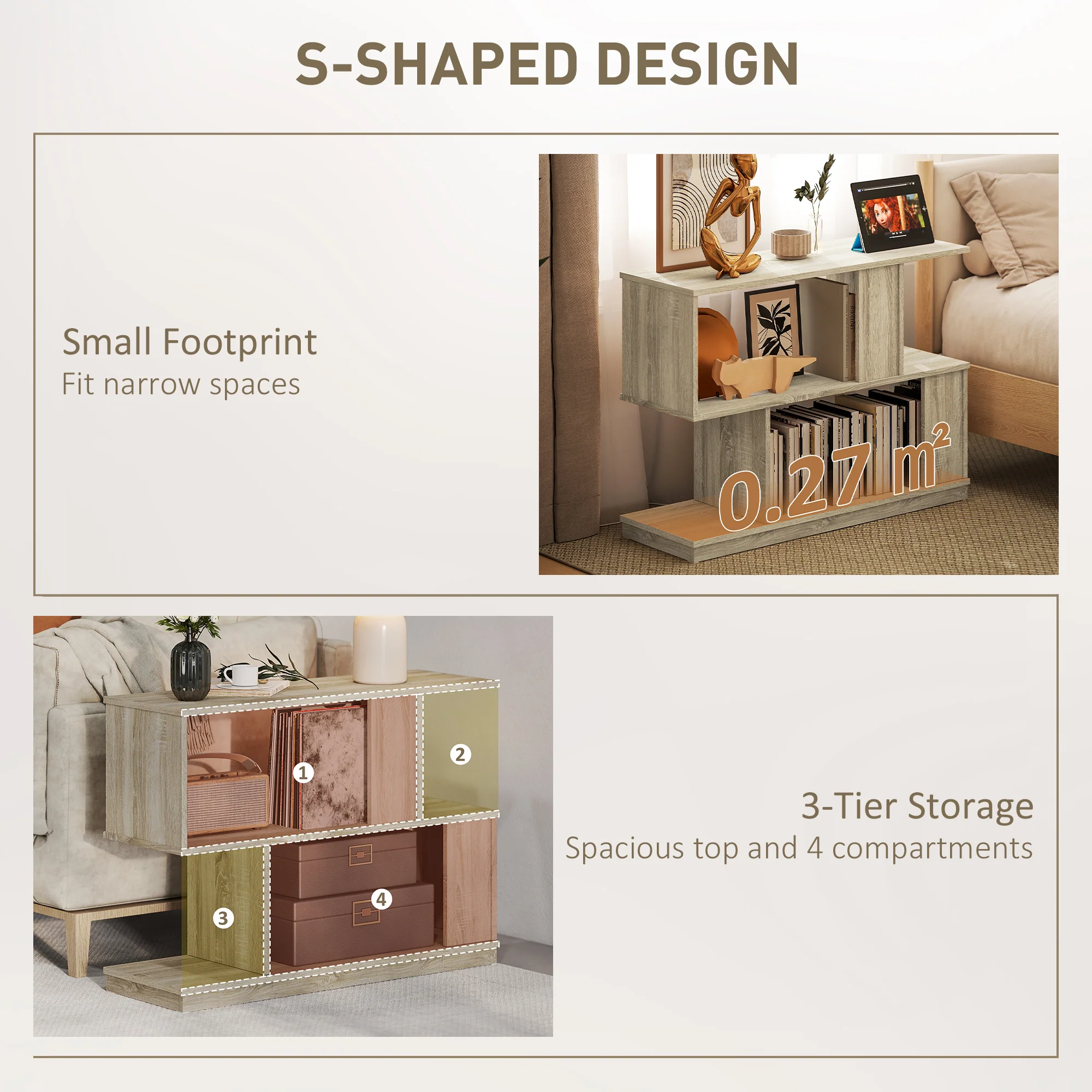 HOMCOM Modern Narrow End Table, S-Shaped Nightstand, Natural Wood Finish - Image 3